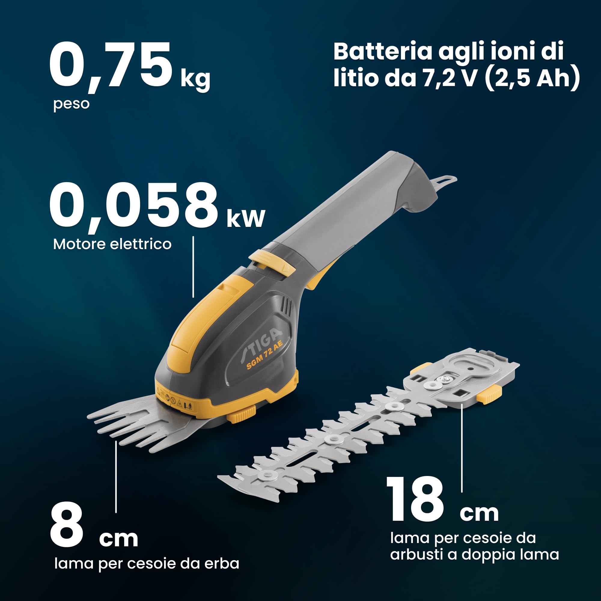 STIGA SGM 72 AE Attrezzo Multifunzione a Batteria, 7,2 V, 2,5 Ah – Lama Tagliaerba 8 cm, Lama Tagliasiepi 18 cm – Manutenzione Giardino