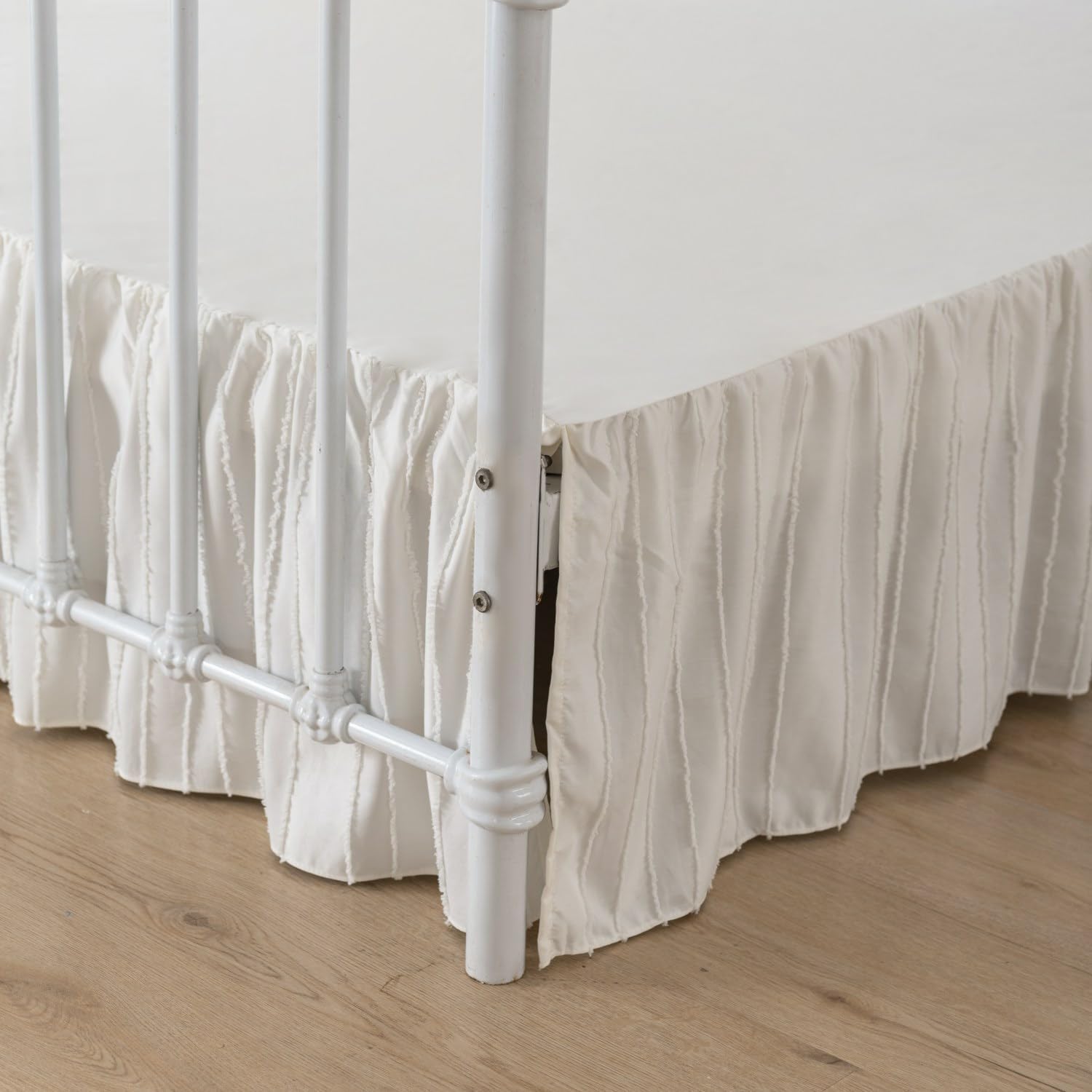 Bed Skirt King Size, Ruffled Bed Skirt with Split Corners 14 Inch Drop with Platform, Tufted Boho King Size Bed Skirting, Striped, Ivory, 14" King