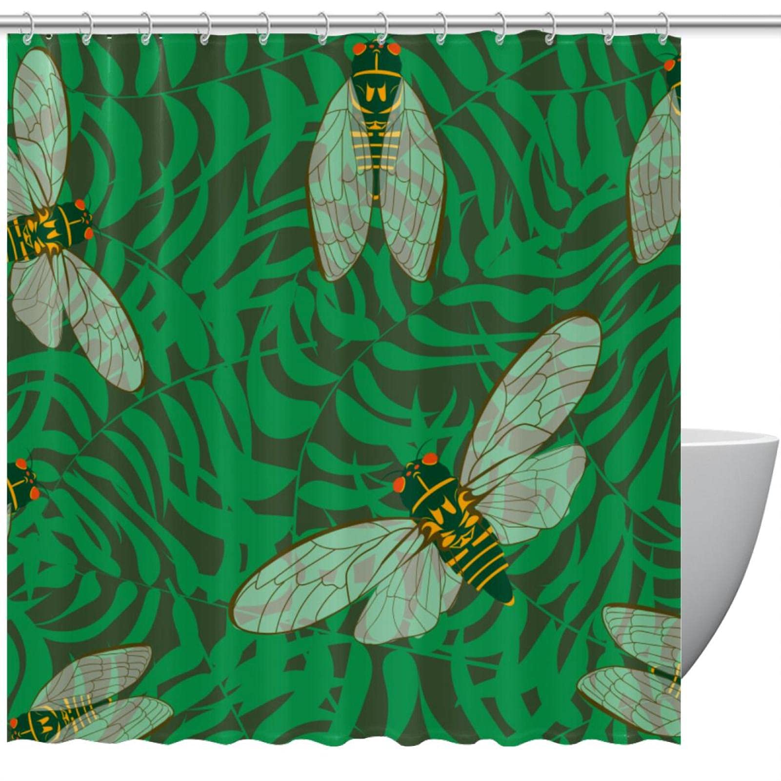 Rideau de douche imperméable motif insectes et feuilles vertes 152x183 cm
