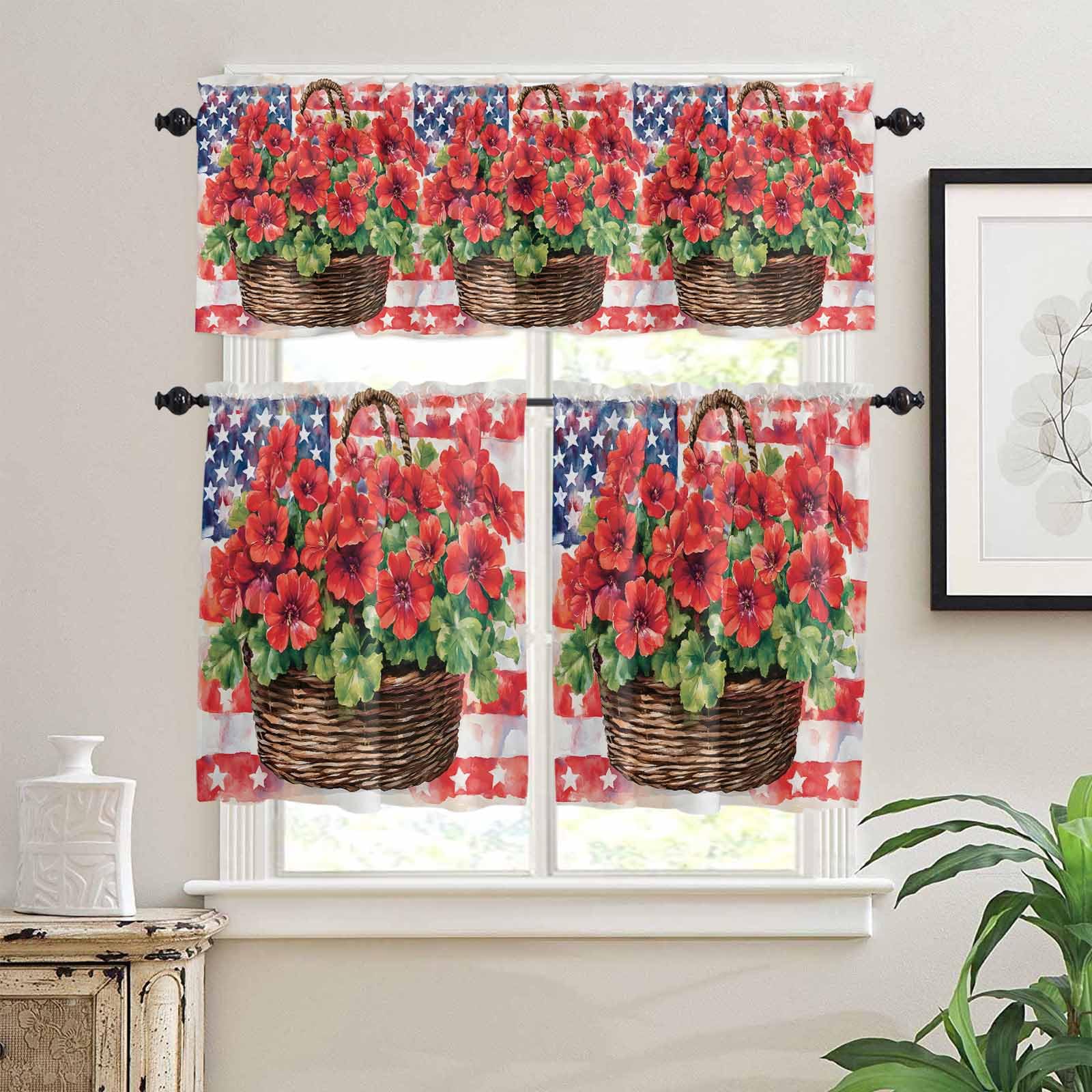 Red Poppy Flower Kitchen Curtains 36 Inch Length,3 Piece Rod Pocket Small Half Tiers and Valance Set,Rustic Independence Day American Flag Small Large Window Treatment Decor for Bedroom/Bathroom Sink