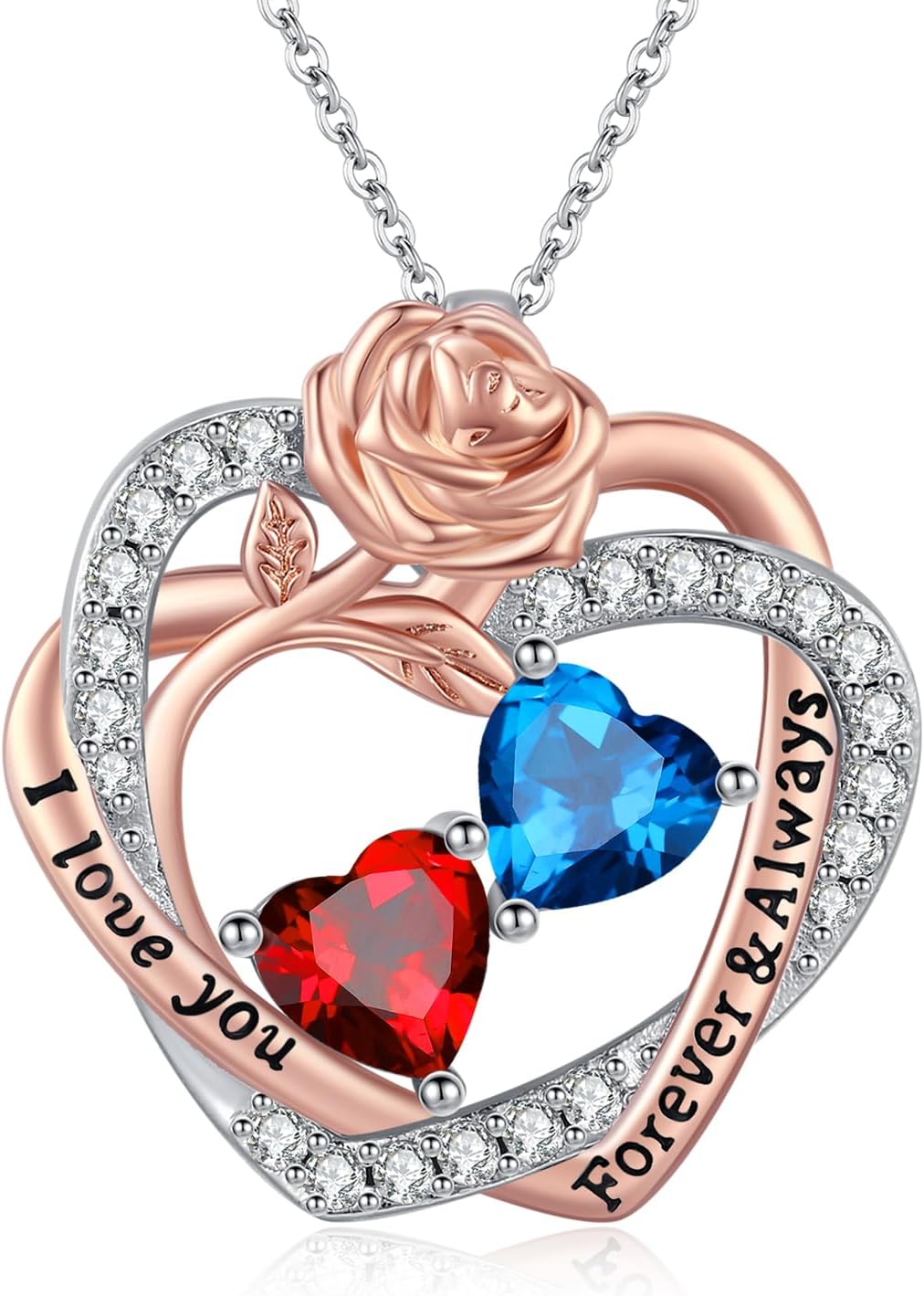 Rose Heart Necklaces for Women, 14K Rose Gold/White Gold Filled Overlapping Double Hearts Birthstone Pendant, Mother's Day Valentine's Day Anniversary Birthday Christmas Jewelry Gifts for Wife Mom Daughter Her