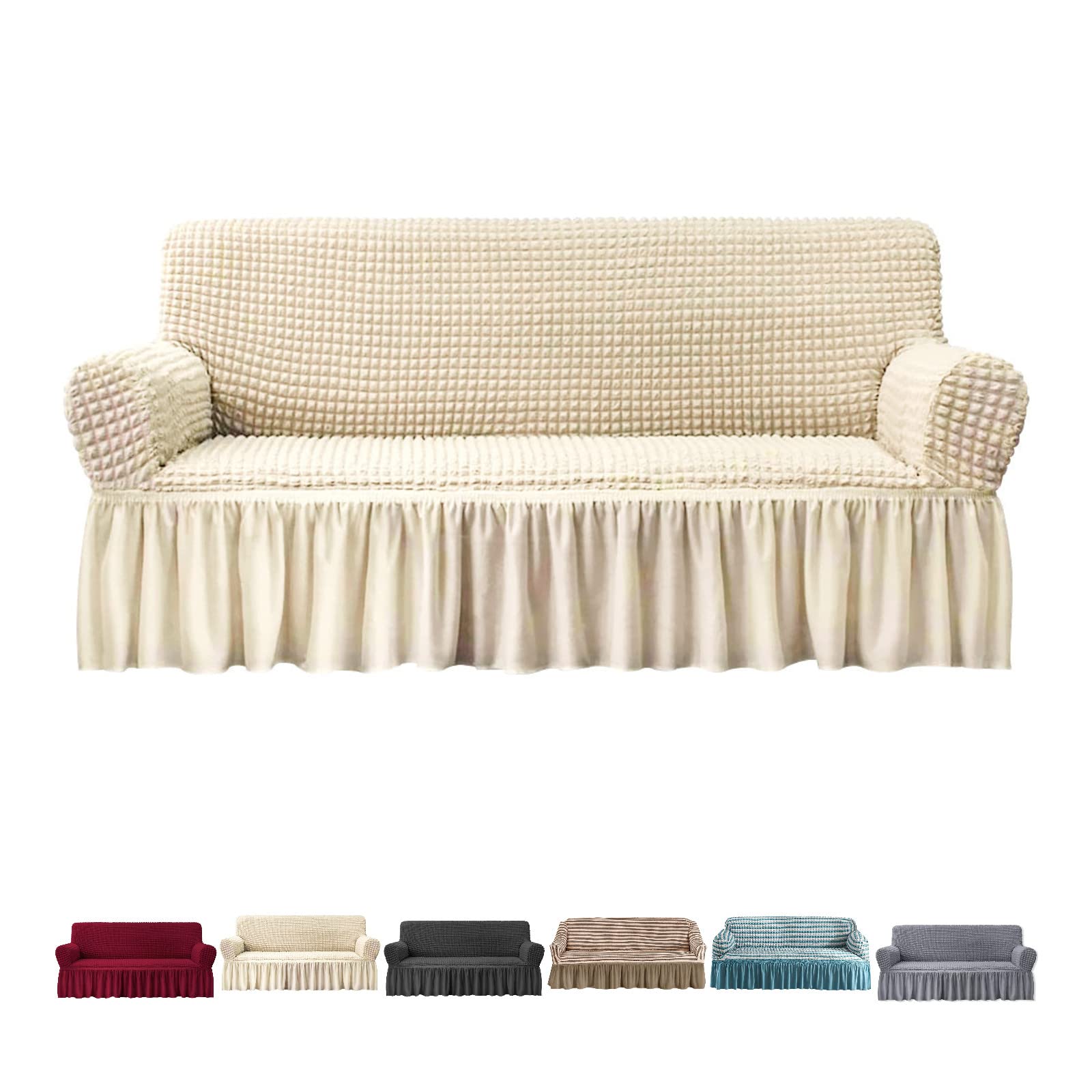 ShowyLiveUniversal Sofa Cover with Skirt, 1 Piece High Stretch Sofa Slipcover, Durable Couch Covers for 3 Cushion Couch, Stain Resistant Couch Sofa Slipcovers Furniture Protector (White,3 Seat)