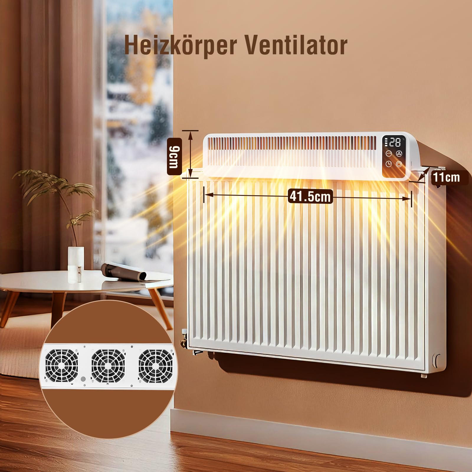 Heizkörper Ventilator mit 3 Lüftern, SURAIELEC Heizungsventilator mit Magnetischer Befestigung, 3 Geschwindigkeiten & Auto-Modus, 5200mAh Akku, USB-C, Temperaturanzeige, Weiß, CE Zertifiziert