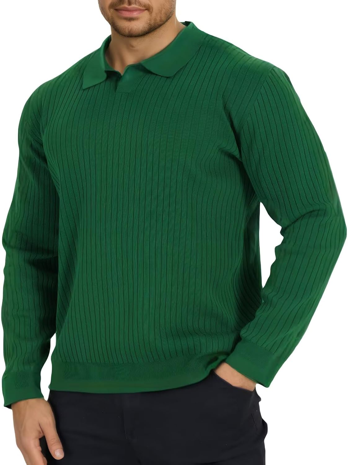 Epoleatries Mens Long Sleeve Knit Polo Shirt Lightweight Ribbed Polos Sweater Fall Winter Thermal Pullover Shirts with Collar