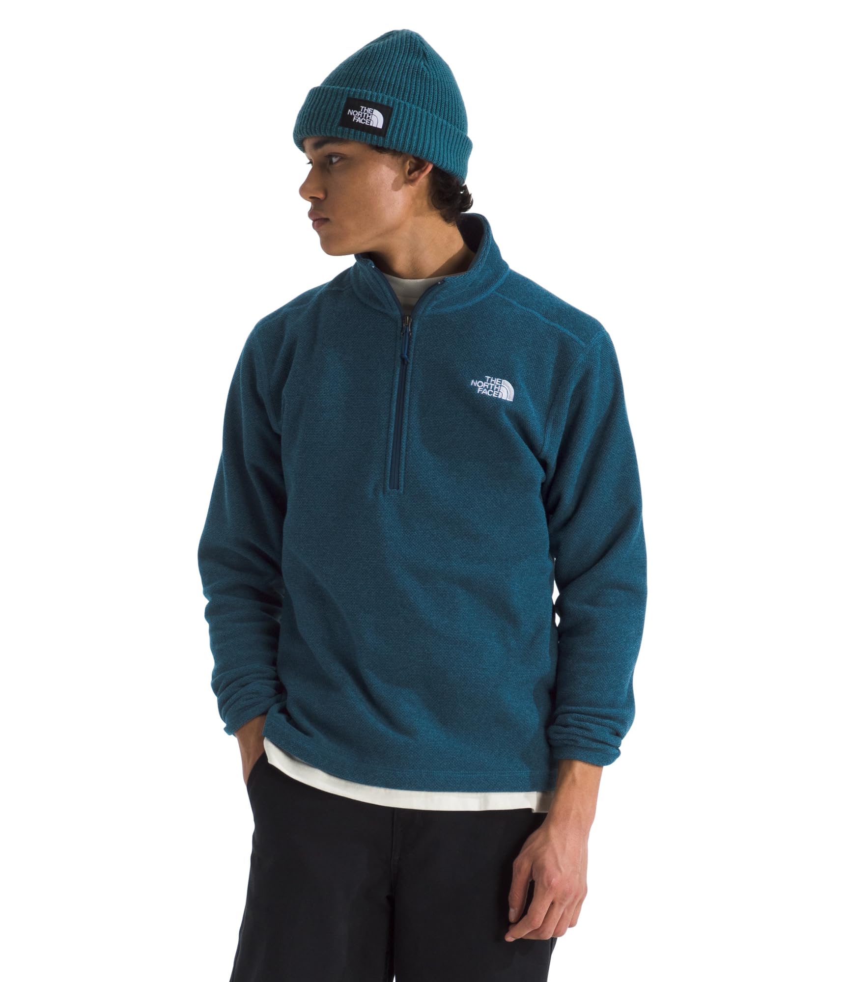 The North Face Men's Textured Cap Rock Quarter Zip Pullover - 1/4 Zip Fleece Jacket with a Classic Fit & Embroidered Logo, Shady Blue Heather, Large