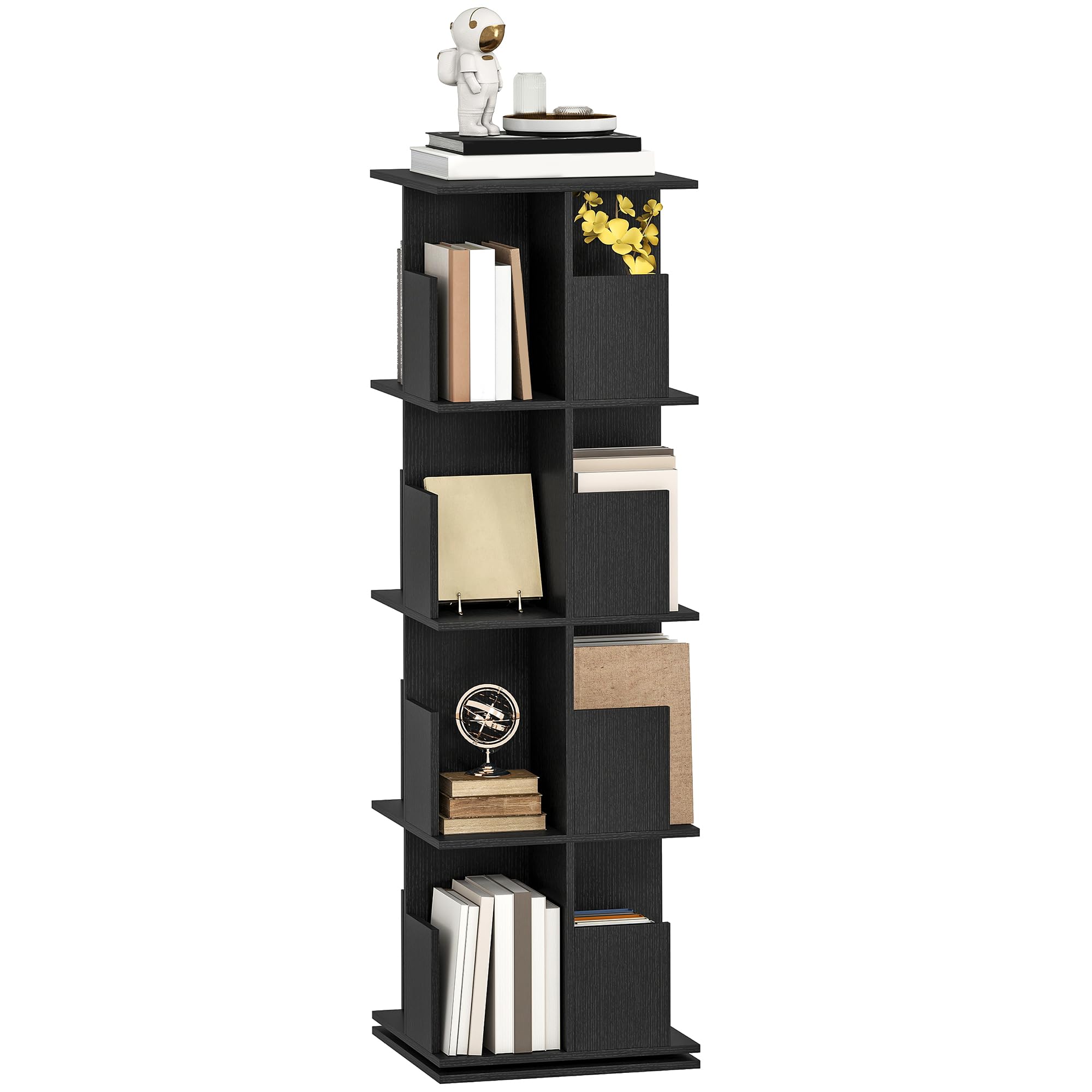 HOMCOM 4 Tier Rotating Bookshelf Tower, 360° Revolving Bookcase, Corner Standing Display Book Shelf Organizer for Small Space, Living Room, Bedroom, Study, Black Wood Grain