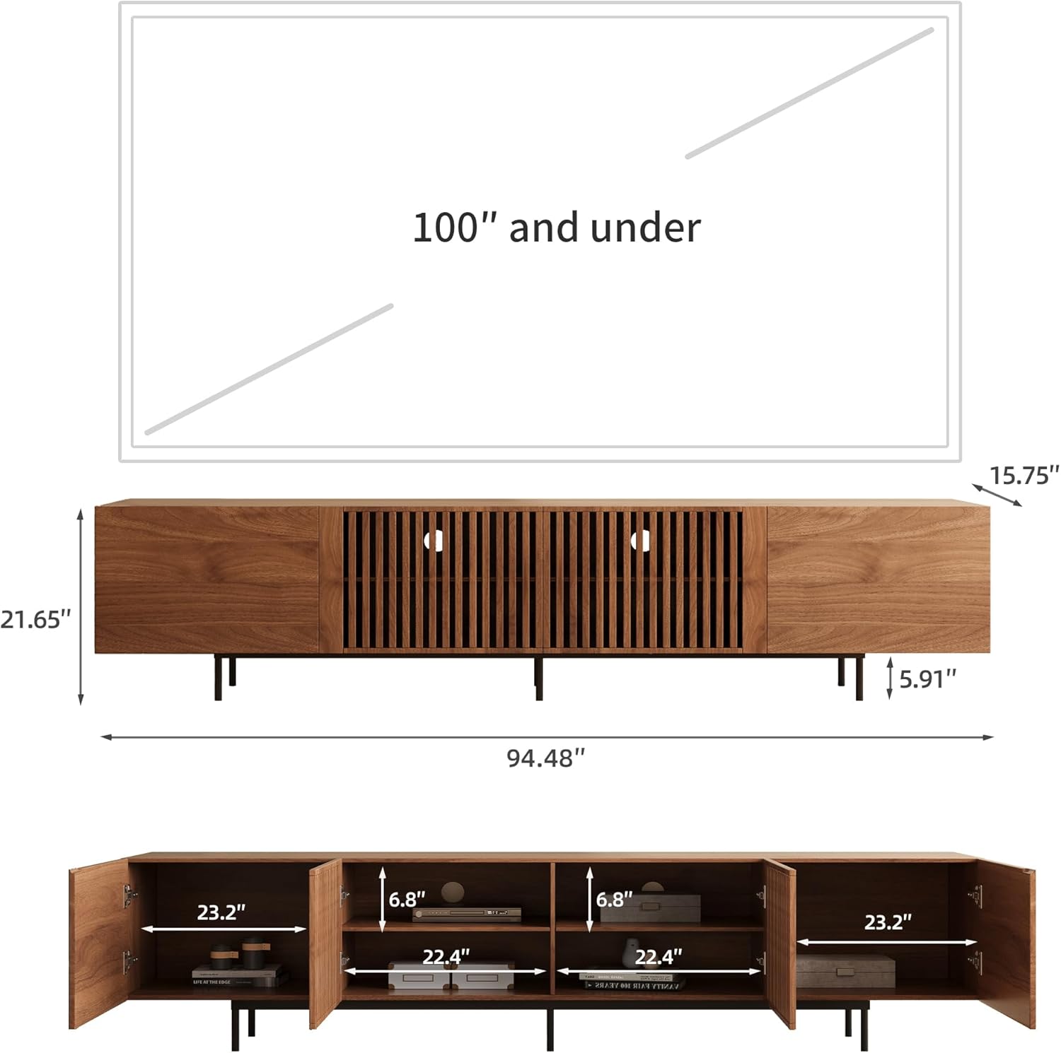 Mid-Century Modern 94.48" TV Stand and Expandable Coffee Table Set, Entertainment Center and Adjustable Center Table with Large Storage with Storage for Living Room, Walnut
