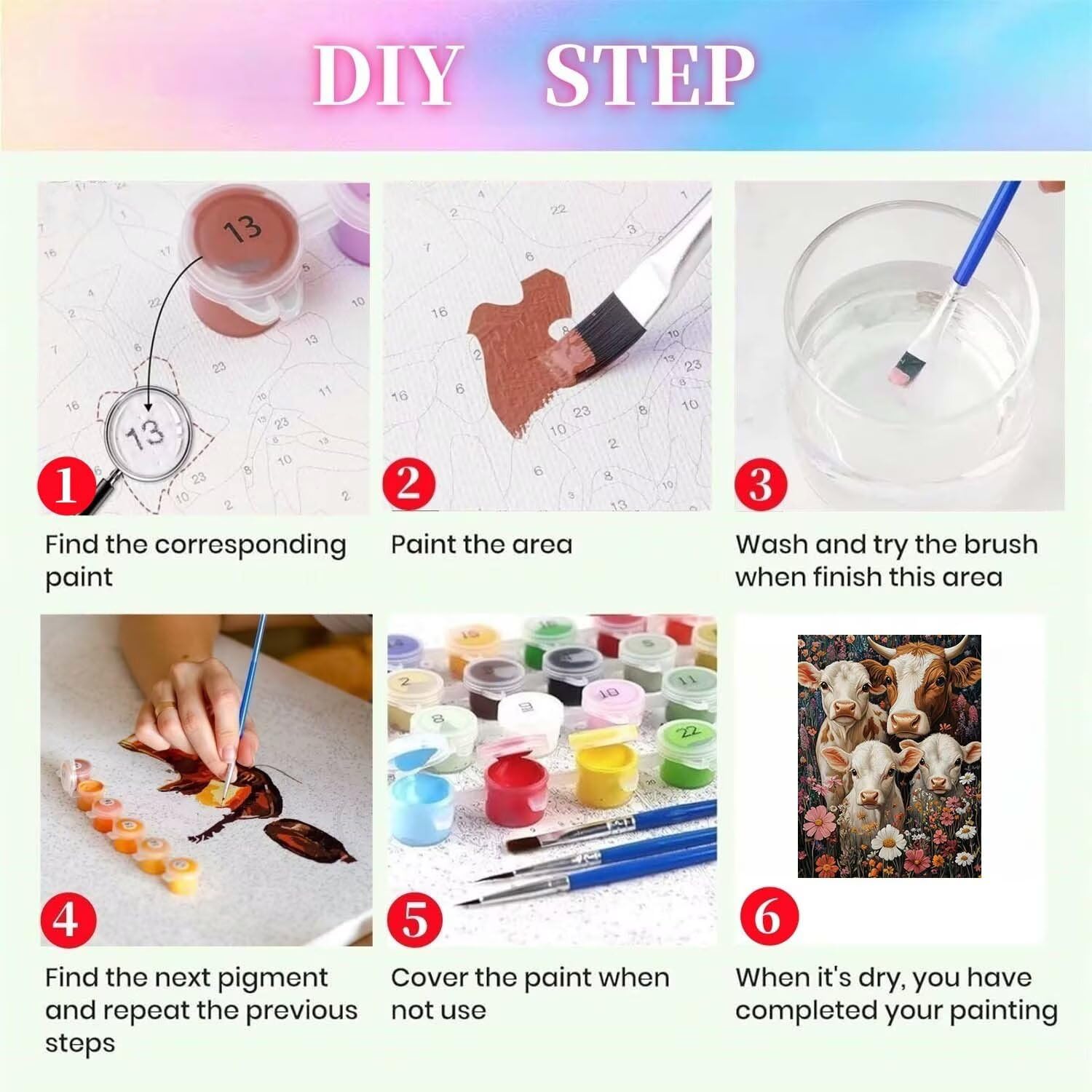 Mucca,Animale Kit per Dipingere con i Numeri,Fai da Te Quadri da Dipingere Numerati per Hobby Creativi Adulti,Kit di Pittura a Olio su Tela Principianti e Bambini per Decora la Casa 80x107cm 54N-7857