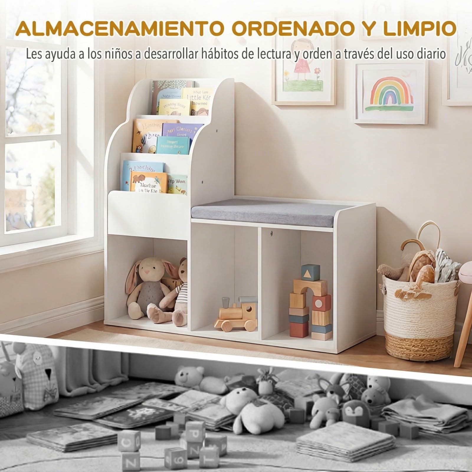 COSTWAY Estantería Infantil con Banco, Librería Infantil con Estantes de 3 Niveles, 3 Compartimentos Abiertos y Cojín de Asiento, Estantería para Niños para Dormitorio, Sala de Juegos