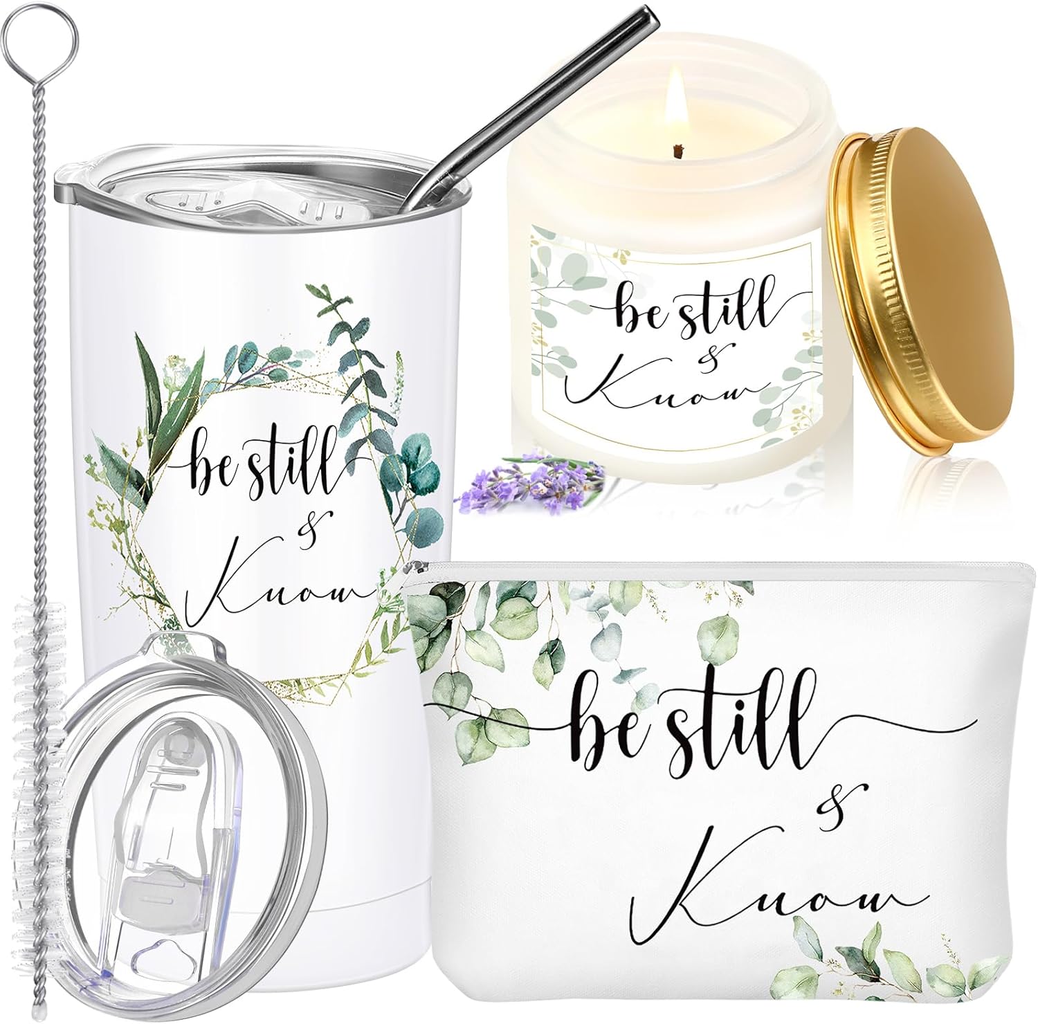 Sieral 3 Pcs Christian Gift Sets for Women Faith Scripture Cups Tumbler 20oz Religious Prayer Candle Bible Verse Makeup Bag for Pastors Wife Grandparents Day Church(Be Still and Know)