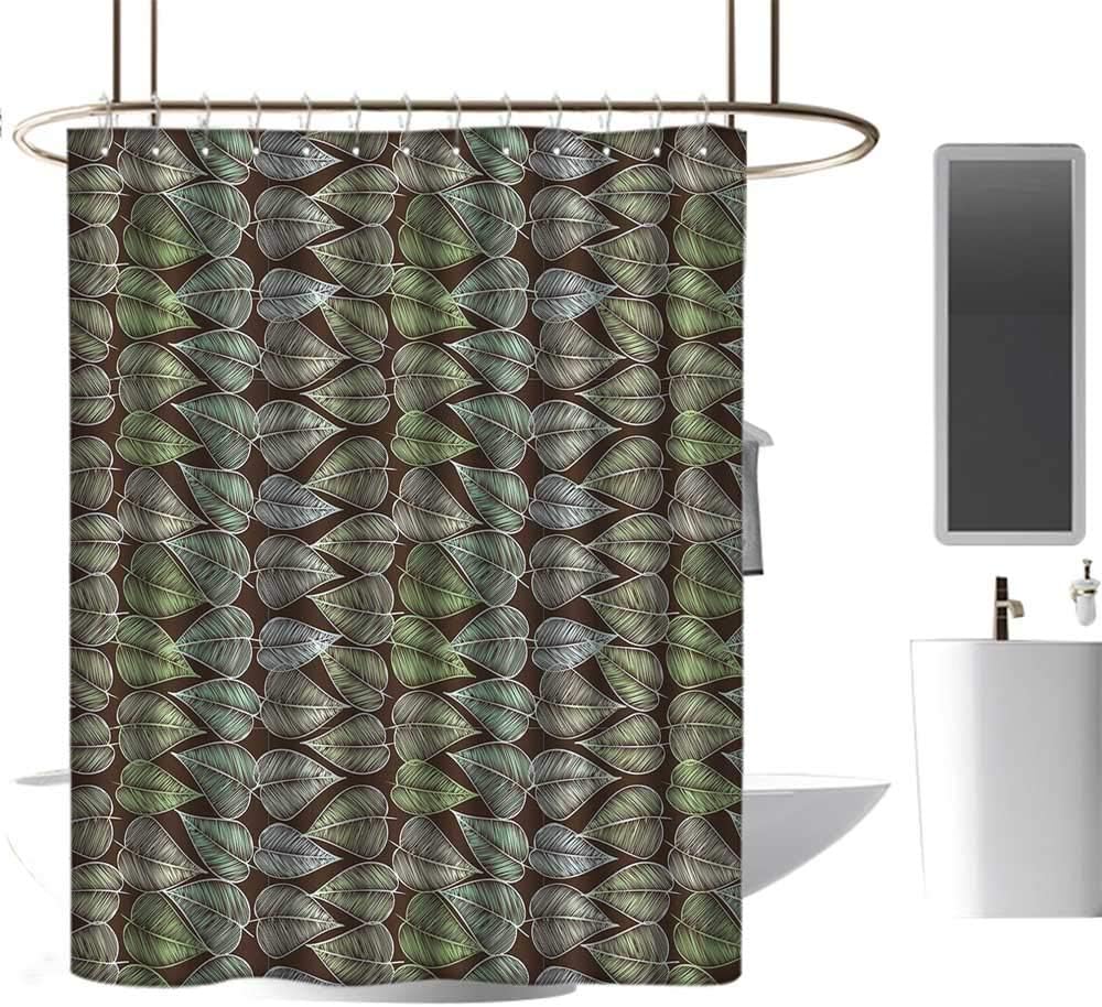 Amazon｜防水ファブリックシャワーカーテン緑と茶色、線スケッチスタイルヴィンテージ、多色、金属防錆グロメット浴室装飾72" x78"の葉を