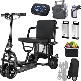 40+ Miles Folding Mobility Scooters for Seniors, Dual Battery, Dual Front Wheel, Airline Approved Folding Scooters, 3+1 Speed Mode, 4 Wheels Motorized Scooter with Backpack, Cup Holder, Dust Cover