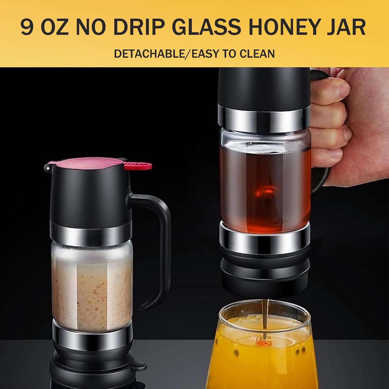 JUSTUP Glass Honey Dispenser,9 OZ No Drip Honey Jar with Handle, No Drip Glass Syrup Dispenser for Coffee, Tea, Pancake (Black) image 4