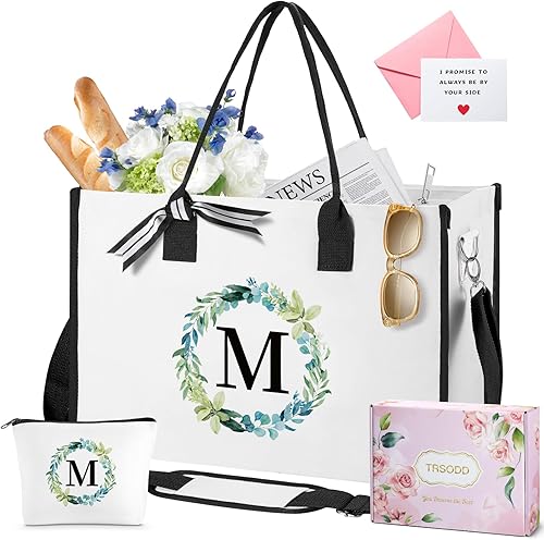 Bolsa de mano con bolsa de maquillaje, bolsa de playa con monogramo floral, bolsa de playa personalizada, para amigos, cumpleaños, dama de honor,