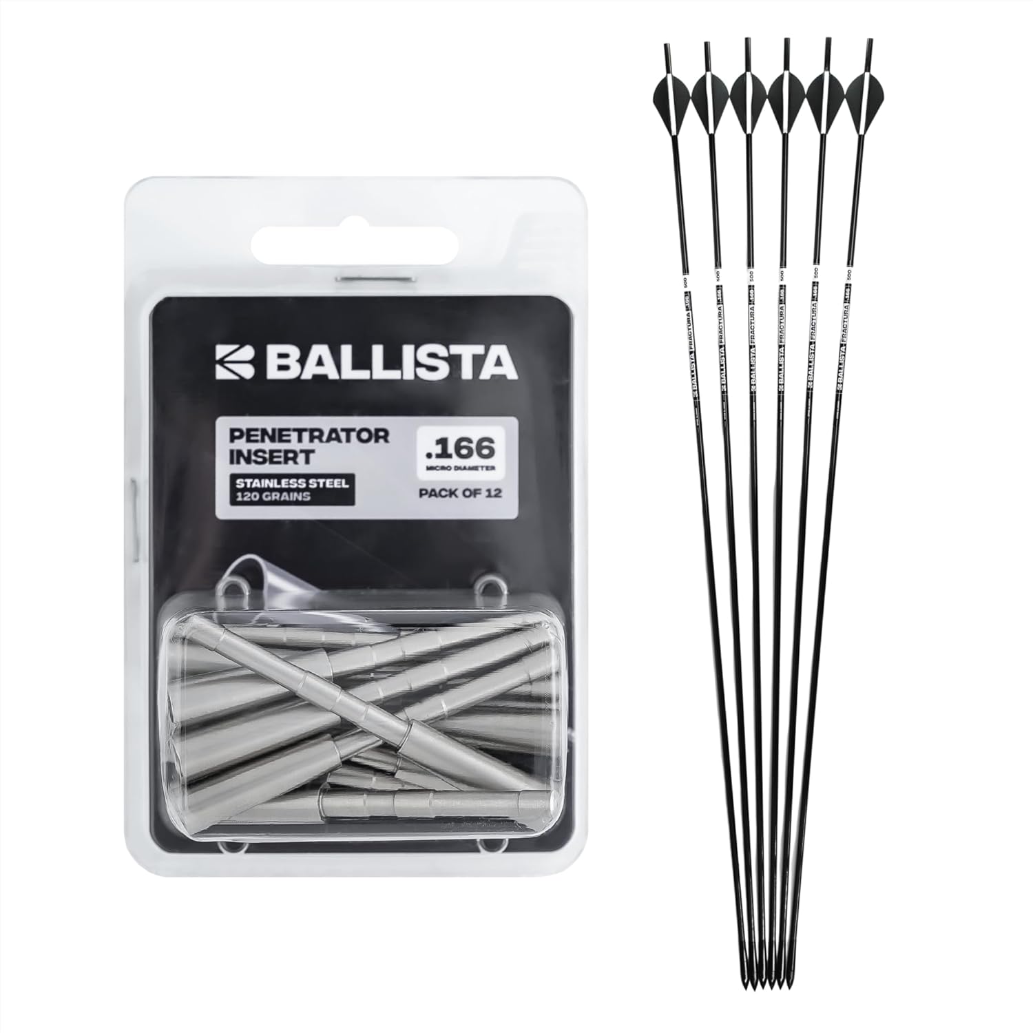 BALLISTA Bow Hunting Bundle: FRACTURA Hunting Arrows (Carbon 30", OD 6mm, Spine 500, Pack of 6) for Compound and Recurve Archery Bow and Arrow Penetrator Insert Adapters (Stainless Steel, Pack of 12)