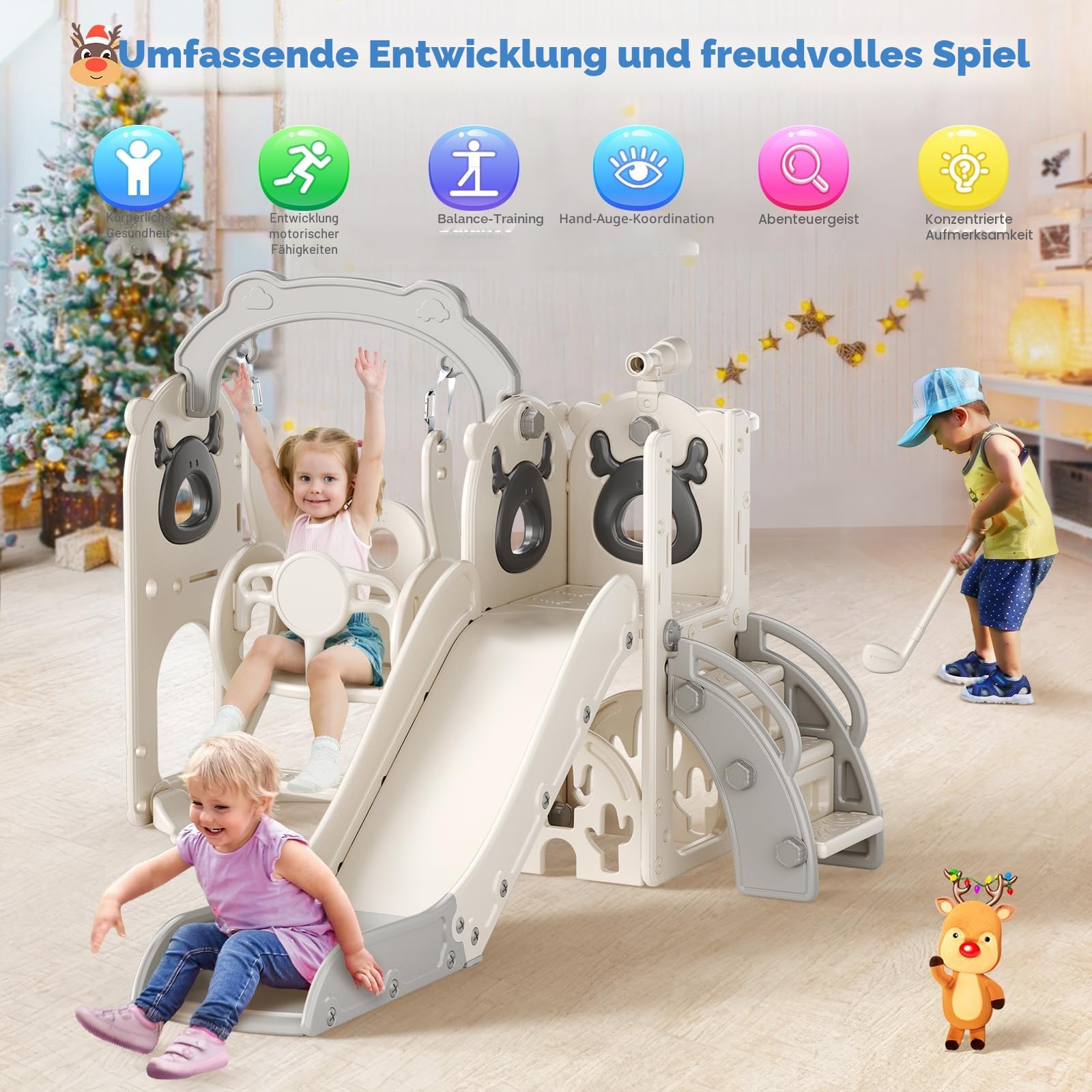 6-in-1 Kinder Rutsche Indoor/Outdoor,Montessori Spielzeugset mit Klettergerüst,Basketballkorb,Krabbeltunnel & Teleskop, Sicherheitsgetestet HDPE Kunststoff für Kinder ab 1 Jahr(Beige-grau)