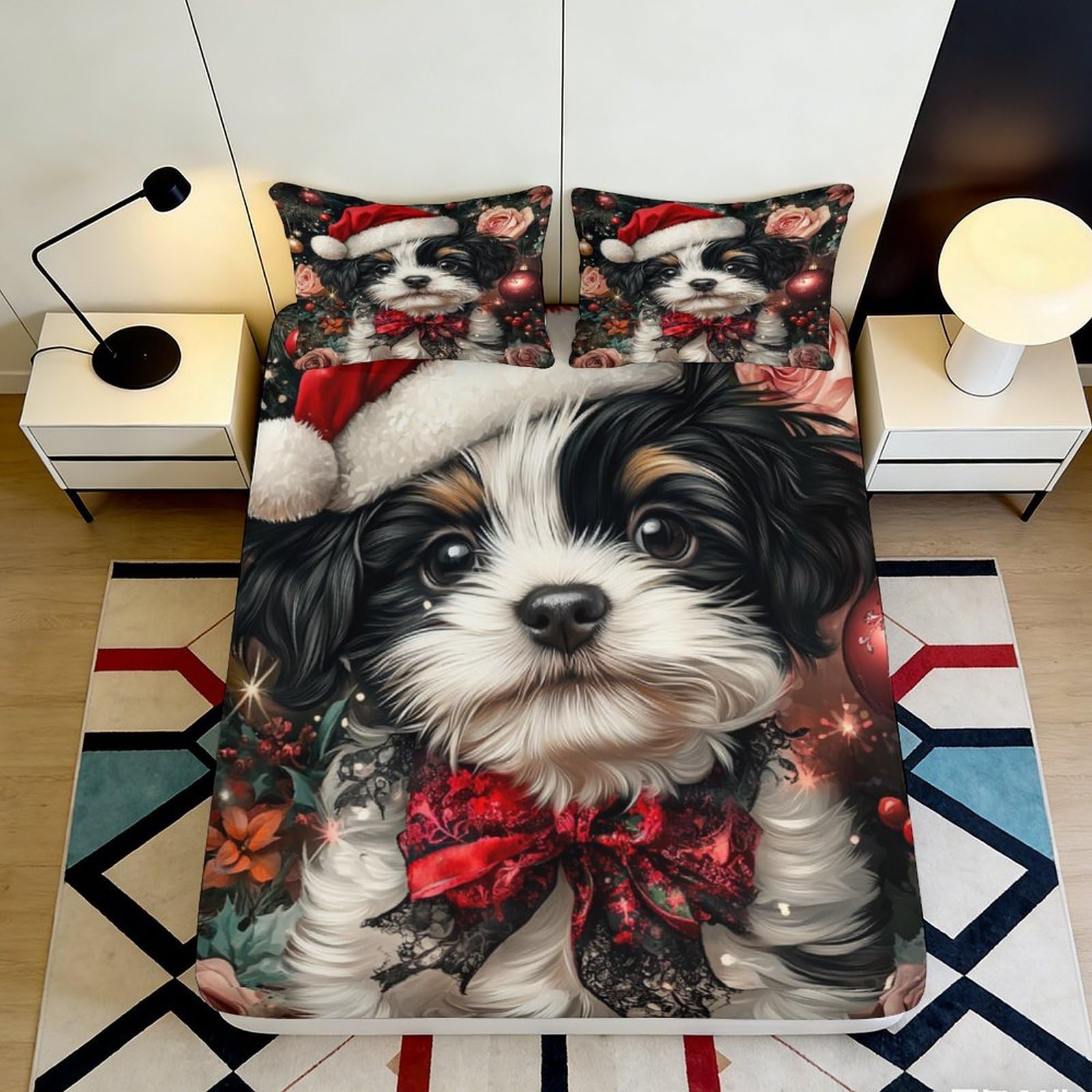 Pnayamiorkfel Style-5 3D Printed Christmas Puppy Fitted Sheet Microfiber Soft Non-Slip Festive Dog Bed Cover For Bedroom Guest Room Decor 90X200x25cm