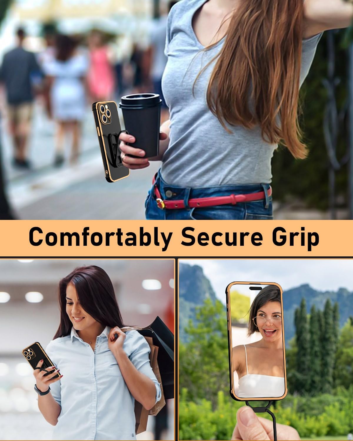 WINTONG for iPhone 15 Pro Max Case with Metal Stand, Phone Case with Double Ring Holder Finger Kickstand [Foldable & Adjustable], Women Girls Bling Luxury Protective Cover - Black - Image 5