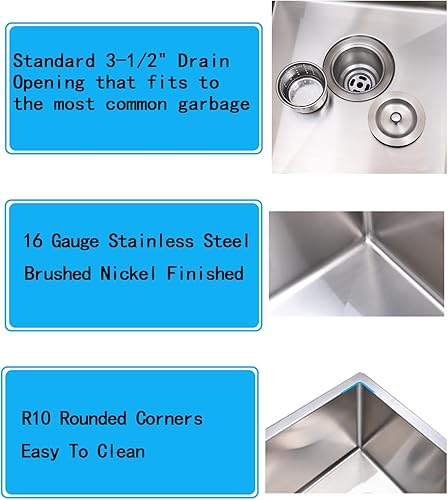 Miniatura 45 de Fregadero de cocina de 25 x 22 pulgadas, montaje superior de 25 pulgadas, níquel cepillado para lavandería, montaje superior, calibre 16, acero