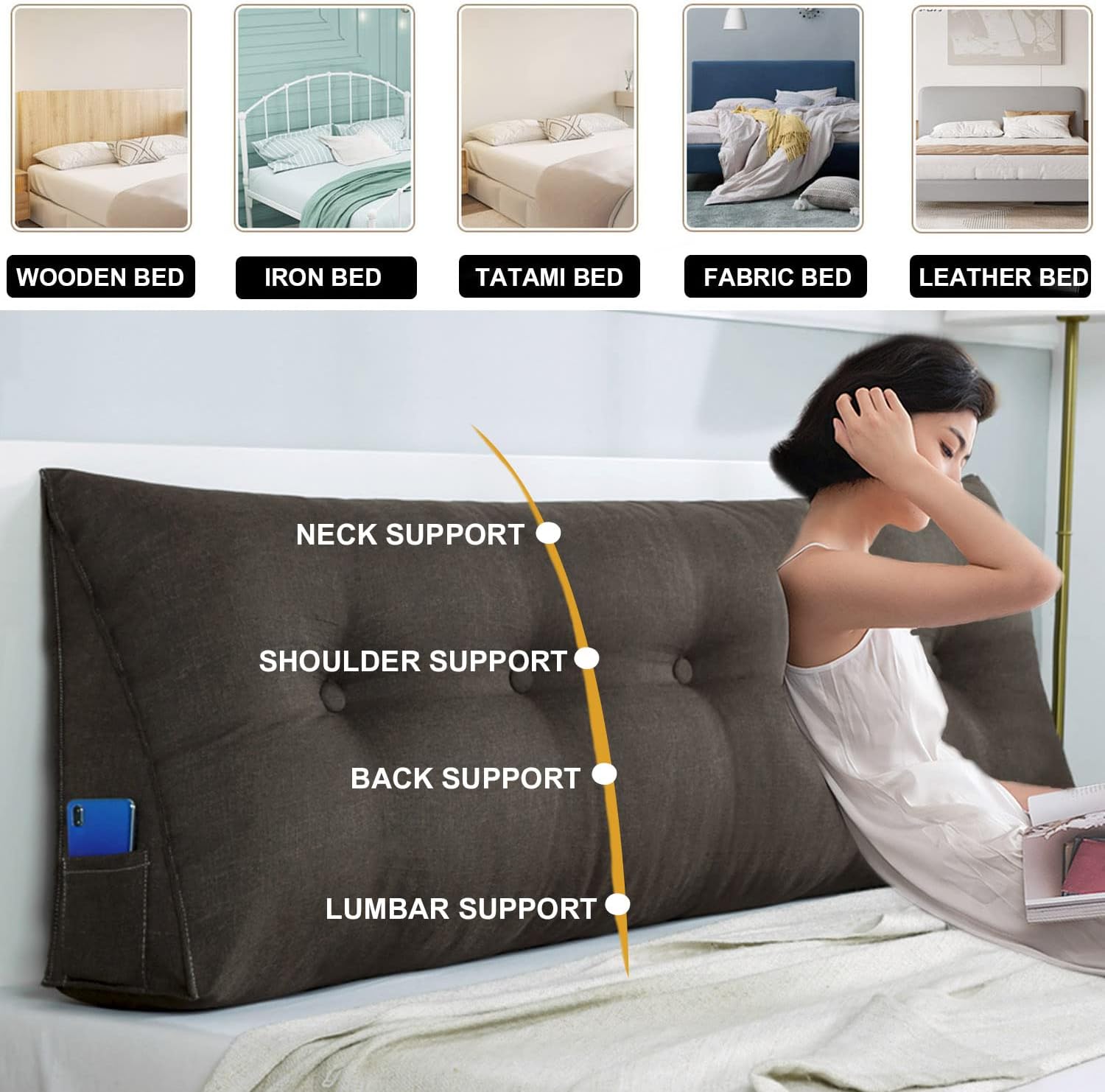 Linen Wedge Headboard Pillow,Large Bolster Triangular Headboard Reading Pillow,Solid Color Positioning Bed Rest Cushion Daybed Backrest with Removable Cover,Coffee,39.3"/100cm(Twin)