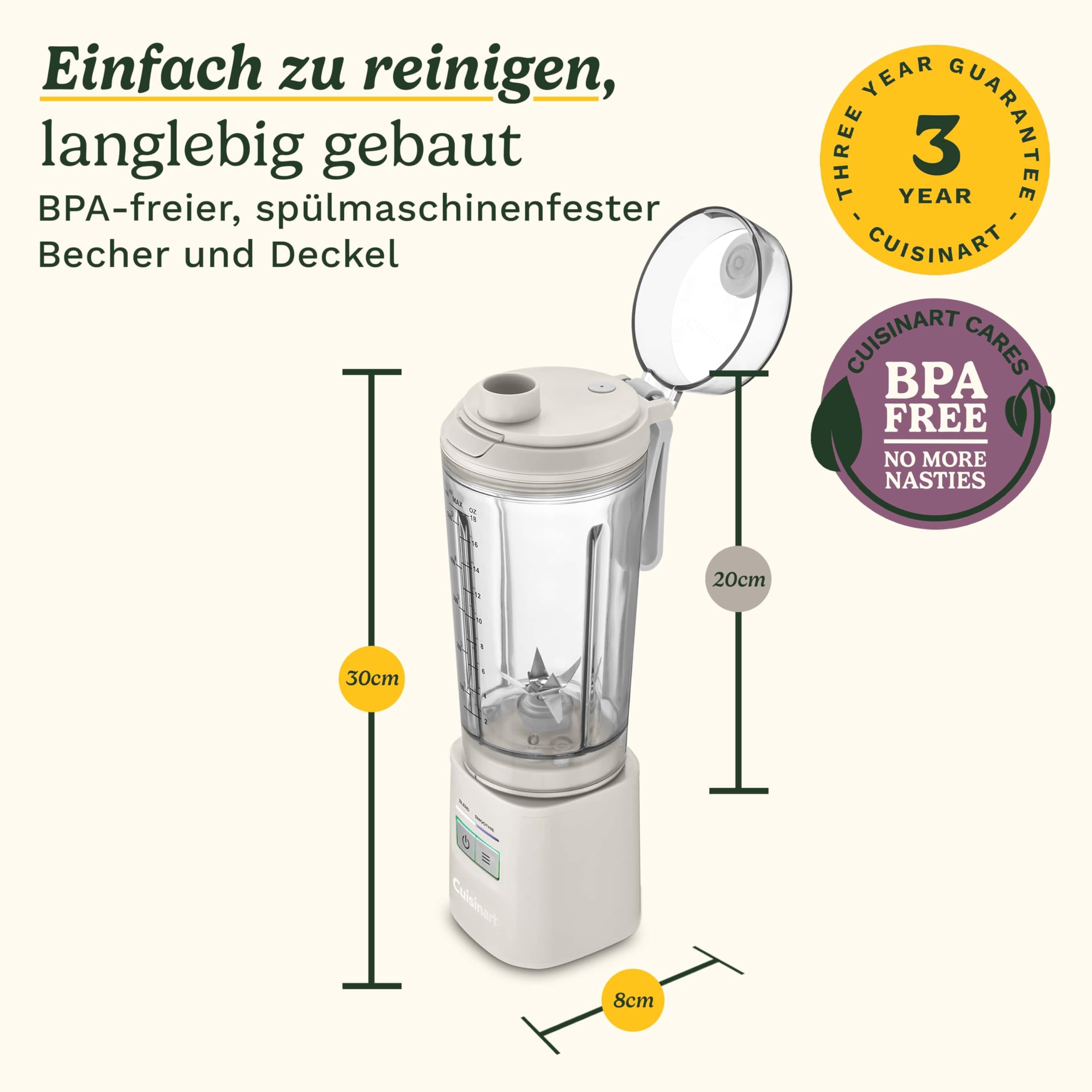 Cuisinart® Blast & Go Kabelloser Mixer | Wiederaufladbar per USB-C | 500 ml BPA-freier Reisebecher | 20.000 U/min Motor | 2 Programme: Mixen & Smoothie | Smoothies, Proteinshakes, Eis crushen, Milchsh