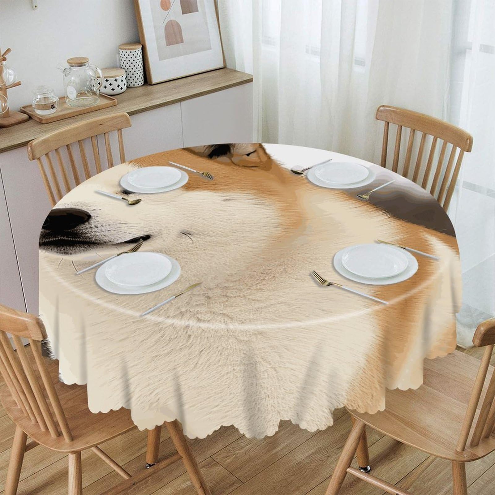 VstaDank Akita Round Tablecloth 60 Inch Easy to Clean Circle Table Cover Thick Decorative Round Polyester Table Cloth for Dining Kitchen Party Farmhouse Outdoor