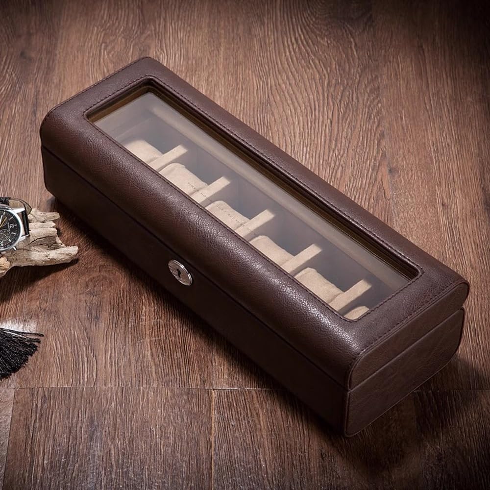 Caja de reloj para hombre, caja de reloj de 6 ranuras, organizador de relojes para hombre, caja de exhibición de relojes con tapa de cristal, 6 ranuras