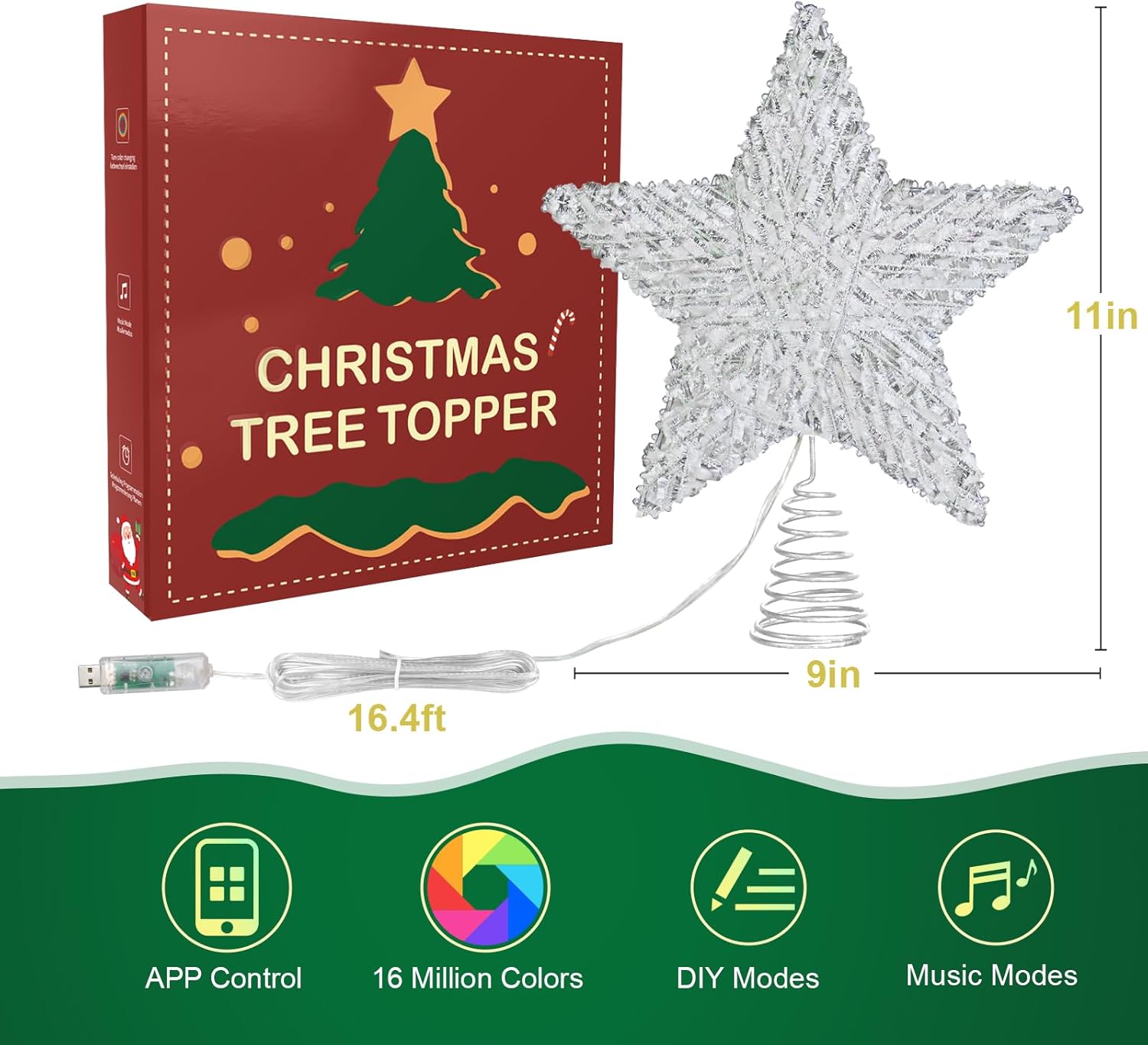 Christmas Tree Star Topper, LED Tree Decorations, UL Certified Colorful Star Tree Topper Lights for Home Garden USB Plug in Xmas Tree New Year Holiday, APP and Remote Control, DIY Dimmer(Silver) - Image 2