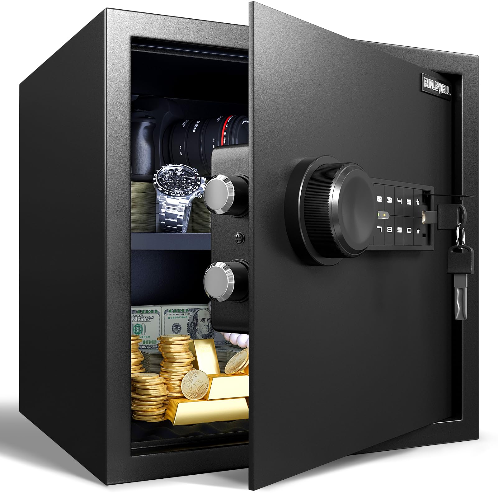 Fireproof Safe Box - (1.67 cu. ft.) Home Safe with Dual Alarm System, Digital keypad and Mute Function, Safe with LED Light and Removable Shelf, Safe for Documents Jewelry Valuables