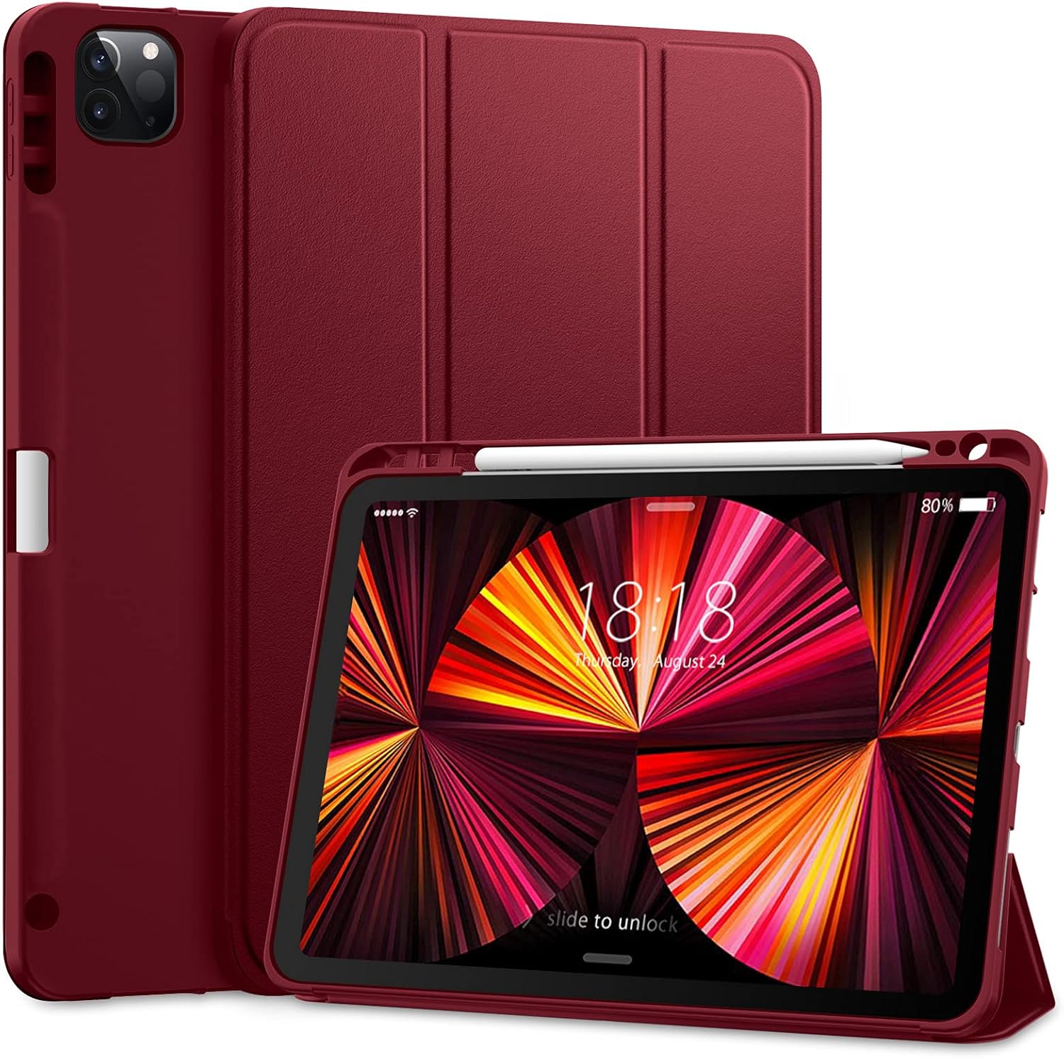 DTTO for iPad Pro 11 inch 4th/3rd/2nd/1st Generation 2022/2021/2020/2018 Case, Smart Slim Trifold Stand Soft TPU Back Cover with Built-in Pencil Holder, Also Fit iPad Air 5/4,Burgundy Red
