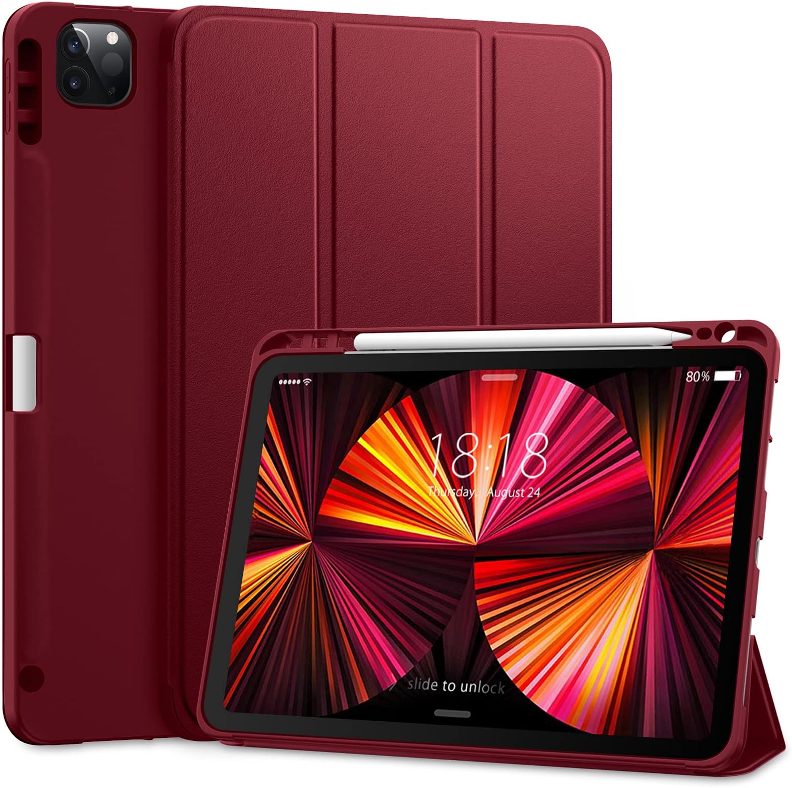 DTTO for iPad Pro 11 inch 4th/3rd/2nd/1st Generation 2022/2021/2020/2018 Case, Smart Slim Trifold Stand Soft TPU Back Cover with Built-in Pencil Holder, Also Fit iPad Air 5/4,Burgundy Red