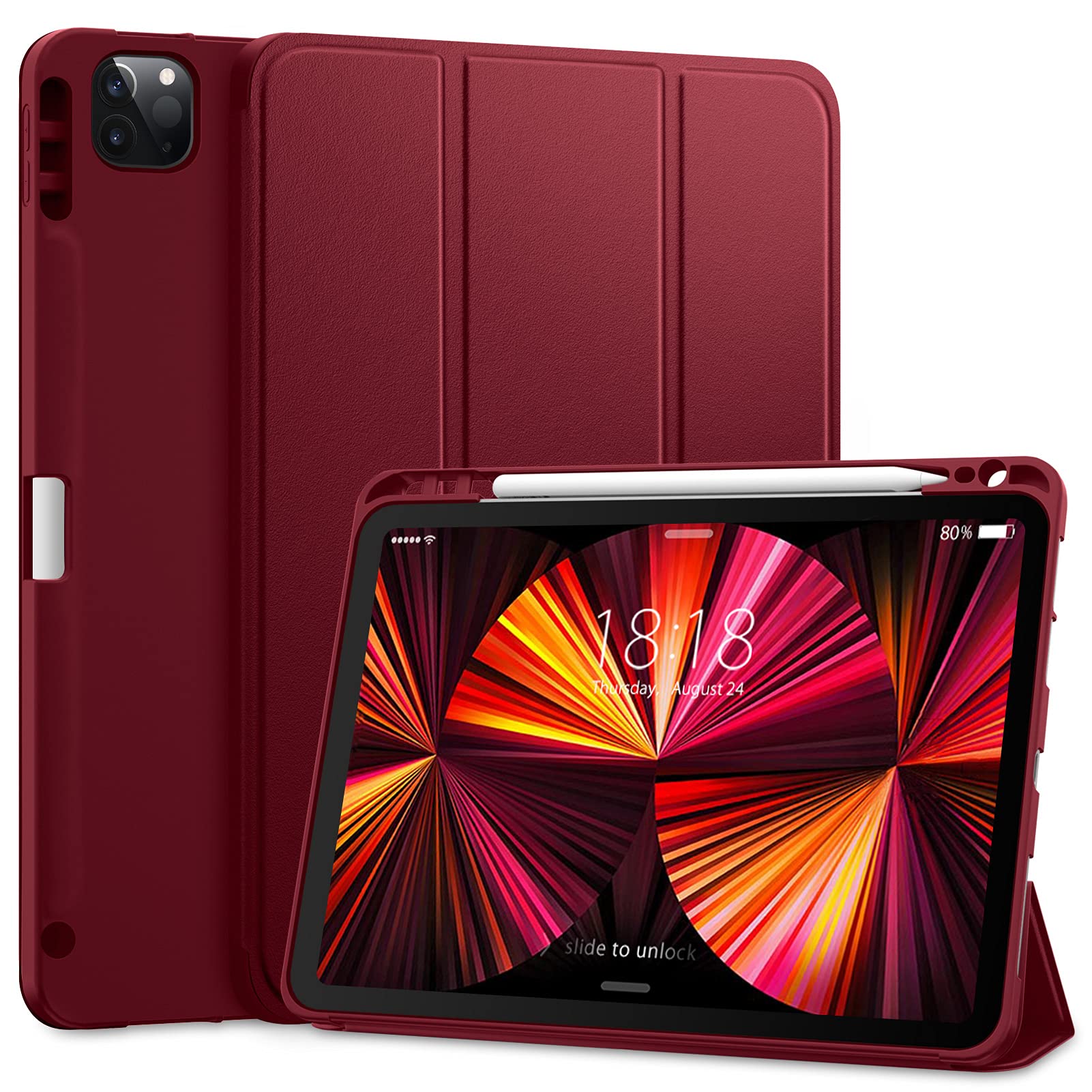 DTTO for iPad Pro 11 inch 4th/3rd/2nd/1st Generation 2022/2021/2020/2018 Case, Smart Slim Trifold Stand Soft TPU Back Cover with Built-in Pencil Holder, Also Fit iPad Air 5/4,Burgundy Red