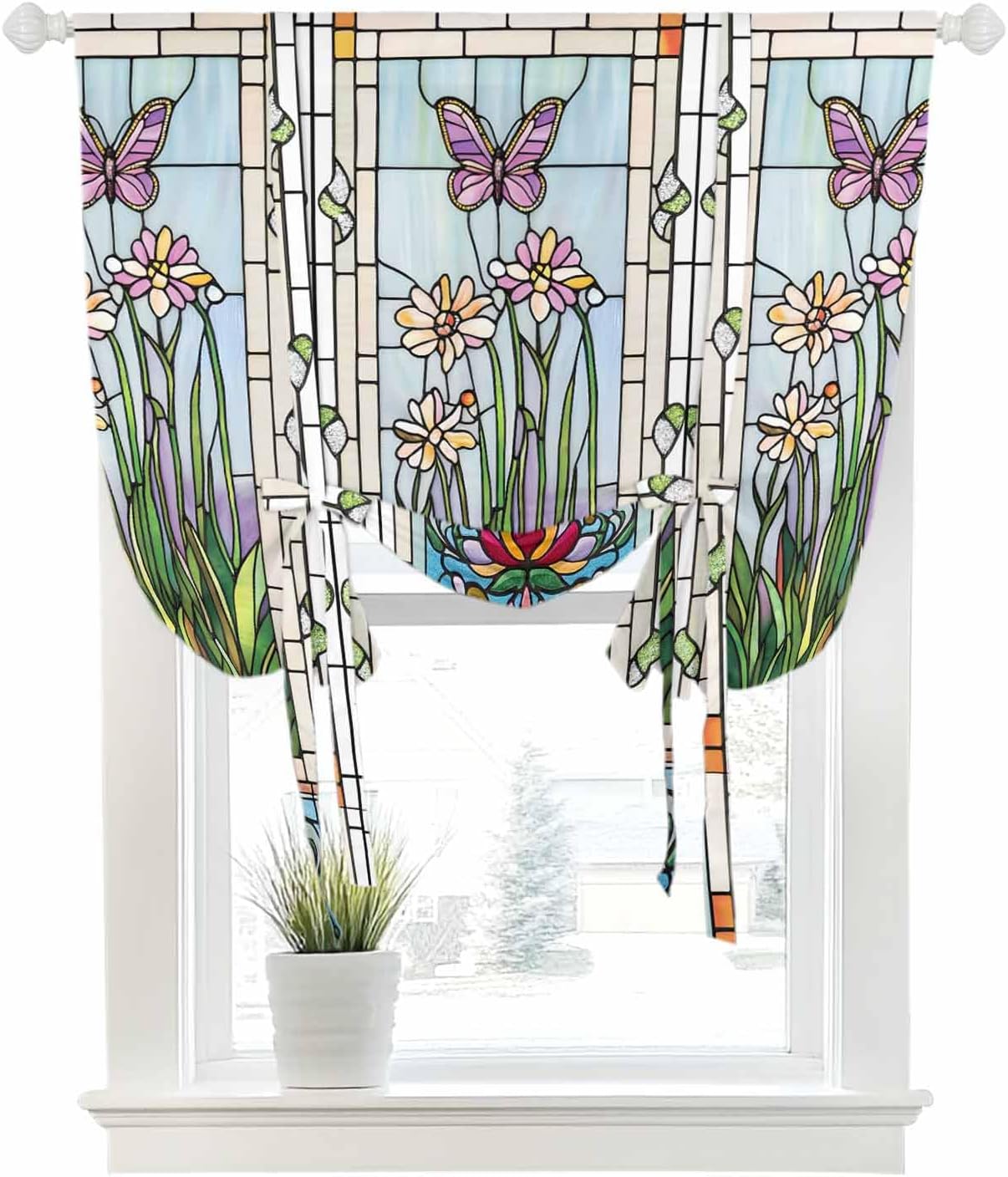 Tie Up Curtain for Windows Butterfly Balloon Window Shades for Bedroom Bathroom Adjustable Rod Pocket Colorful Leaves Flower Window Treatments Curtains Valance for Kitchen 52" W x 63" L