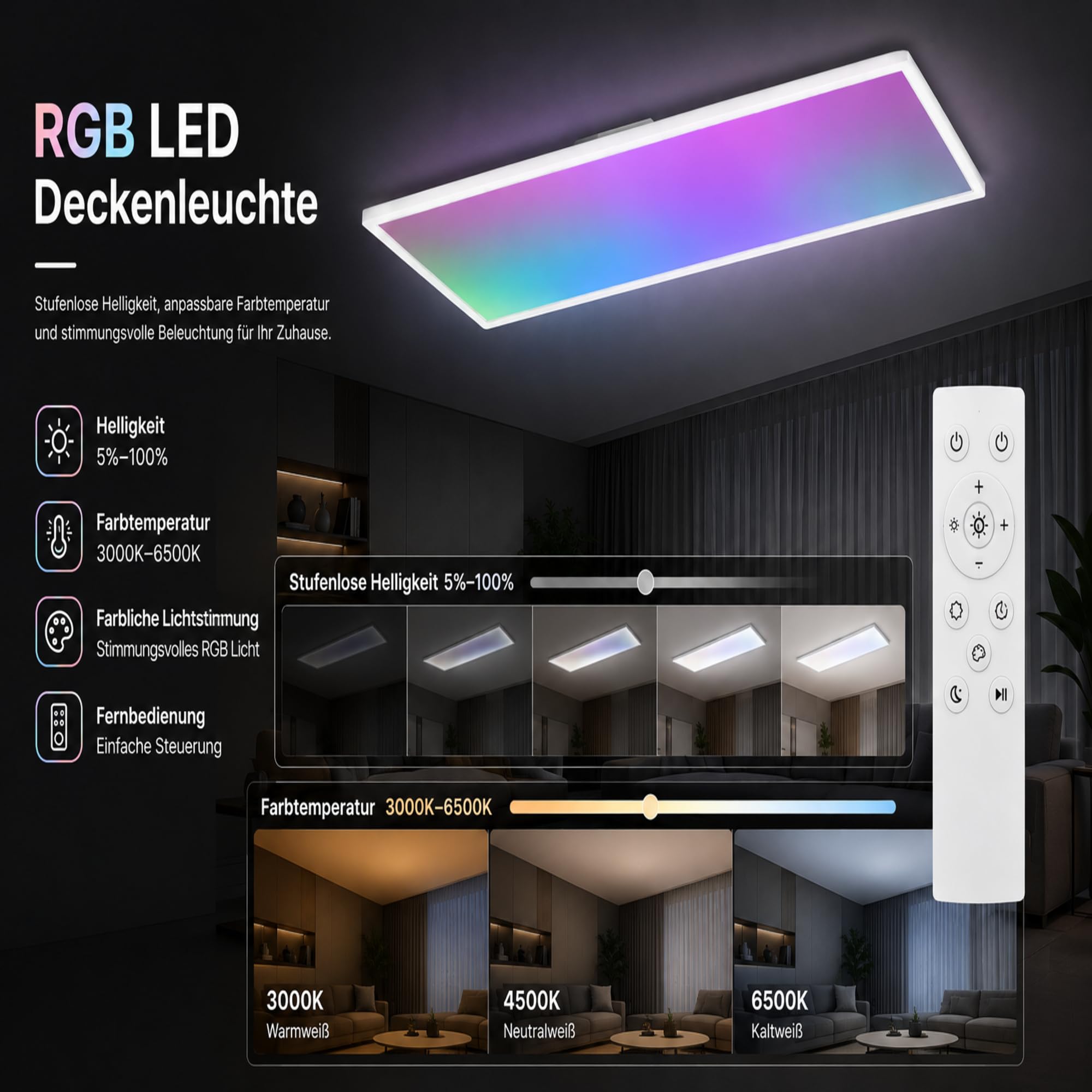 Lampa sufitowa LED 120 x 30 cm, 39 W, ściemnialny panel sufitowy RGB z pilotem, CCT 3000 - 6500 K, tryb nocny, timer 30 min, wbudowany sterownik, biały