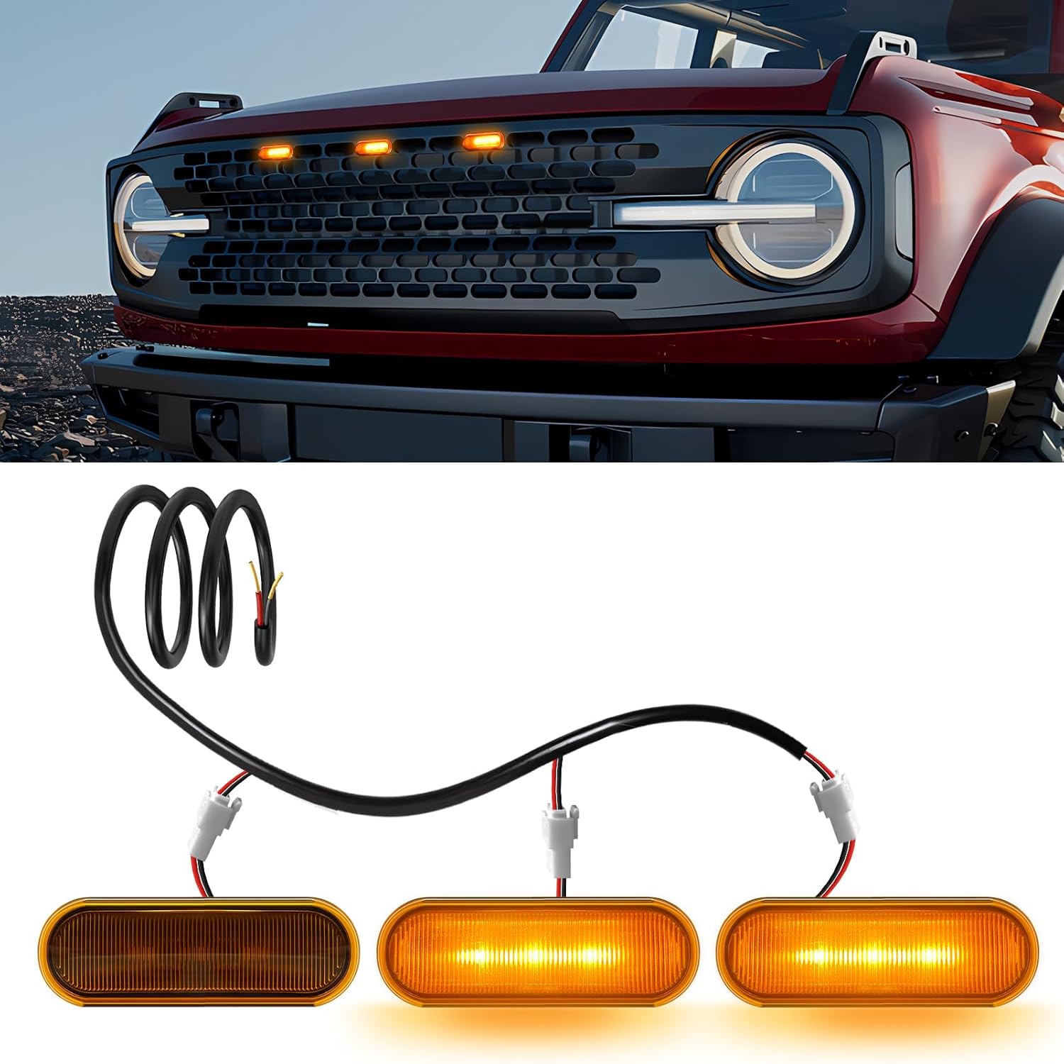 3-PCS LED Grill Lights for Ford Bronco 2021 2022 2023 2024 2/4-Door OEM Grille Lamps Kit Bronco Accessories Fit Badlands Wildtrak & Everglades (Smoked Black)