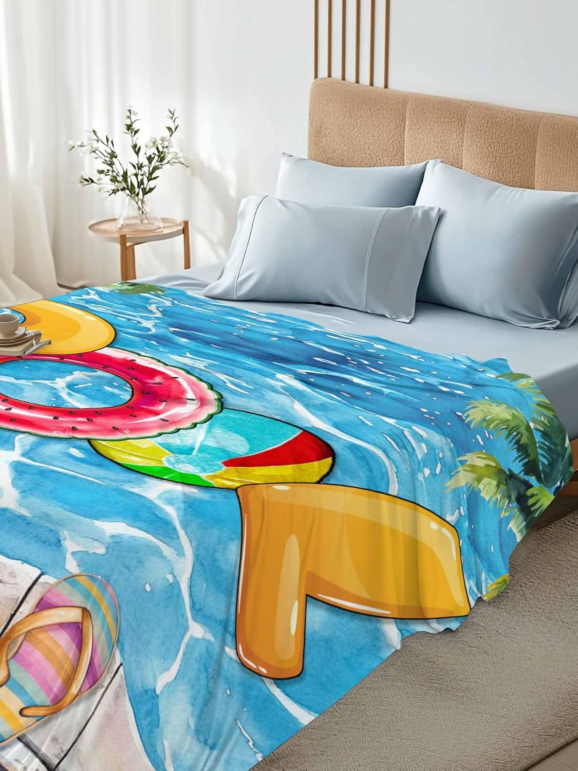 Top Sheet Full Bedding Flat Sheet Only, Summer Vacation Swimming Pool Microfiber Bed Sheets Soft Breathable Bedding Flat Sheets, Sunglasses Slippers Palm Tree Hotel Luxury Top Sheets