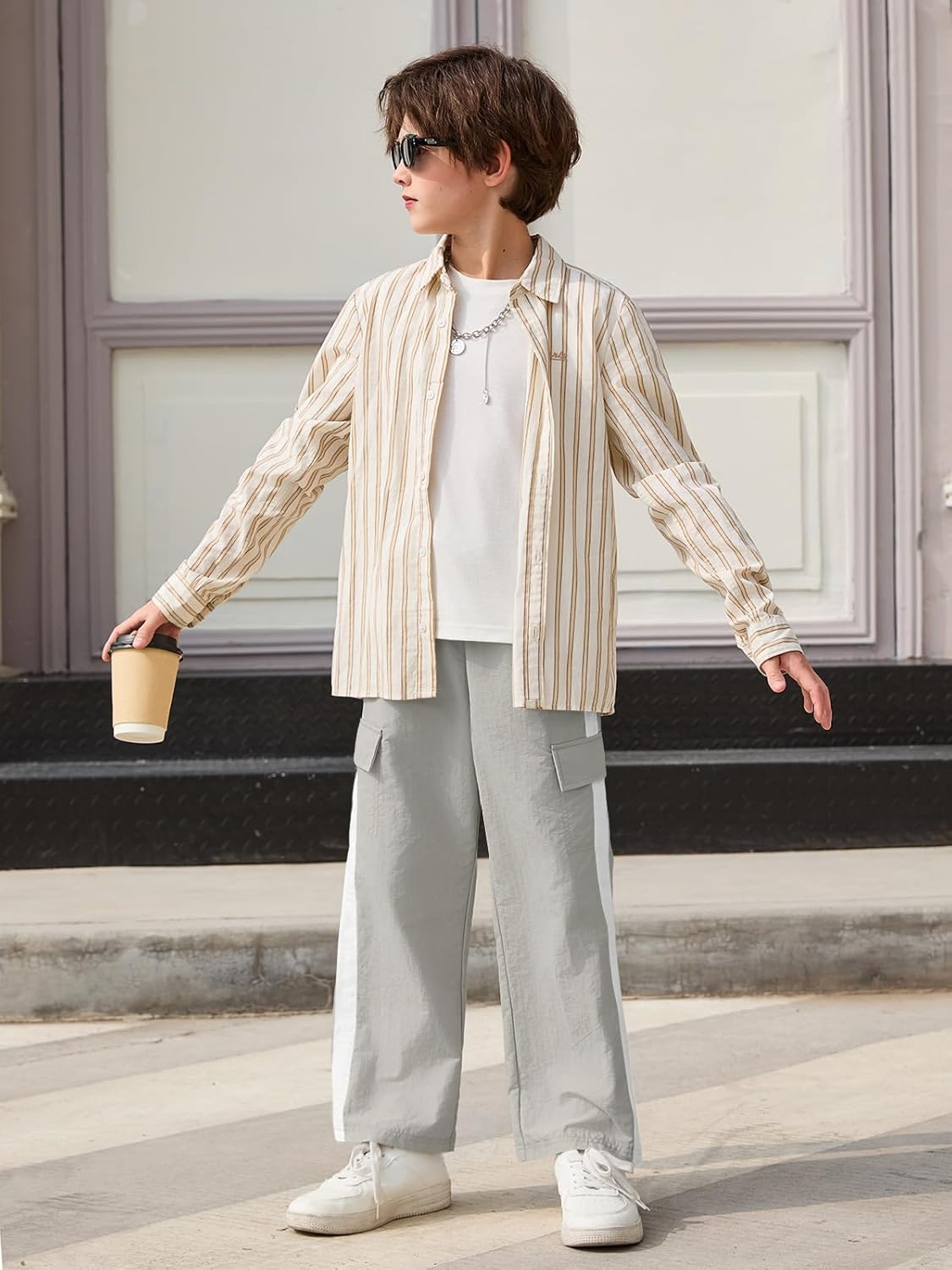 Haloumoning Boys Wide Leg Cargo Pants Kids Striped Elastic Waist Parachute Trousers with Pockets 5-14 Years - Image 5