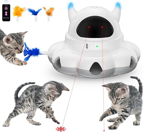 Juguetes interactivos 2 en 1 para gatos de interior, juguete automático para gatos con 7 agujeros, ratones golpean una pluma en movimiento, juguete