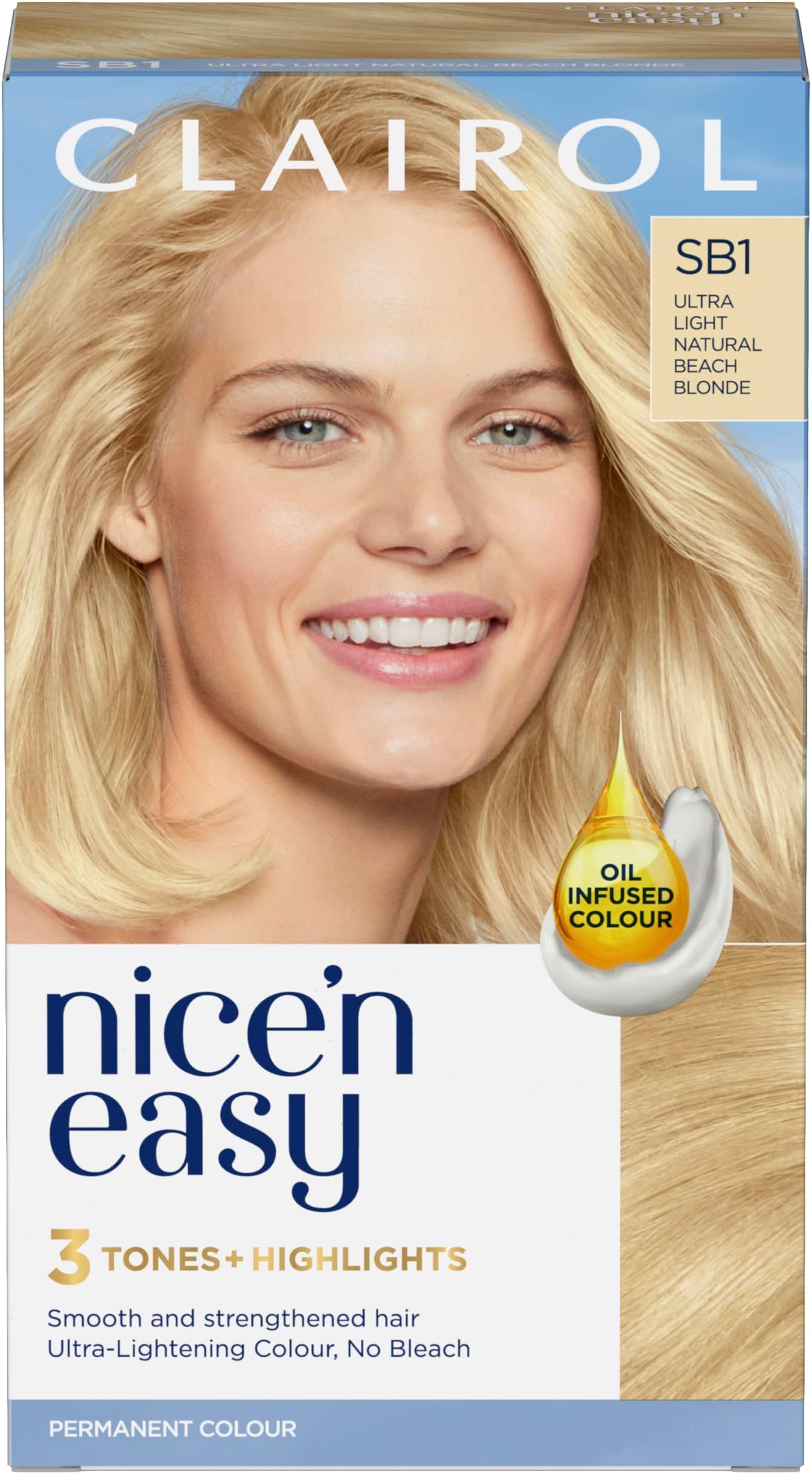 Nice'n Easy Crème, Natural Looking Oil Infused Permanent Hair Dye, SB1 Ultra Light Natural Beach Blonde (Packing May Vary)