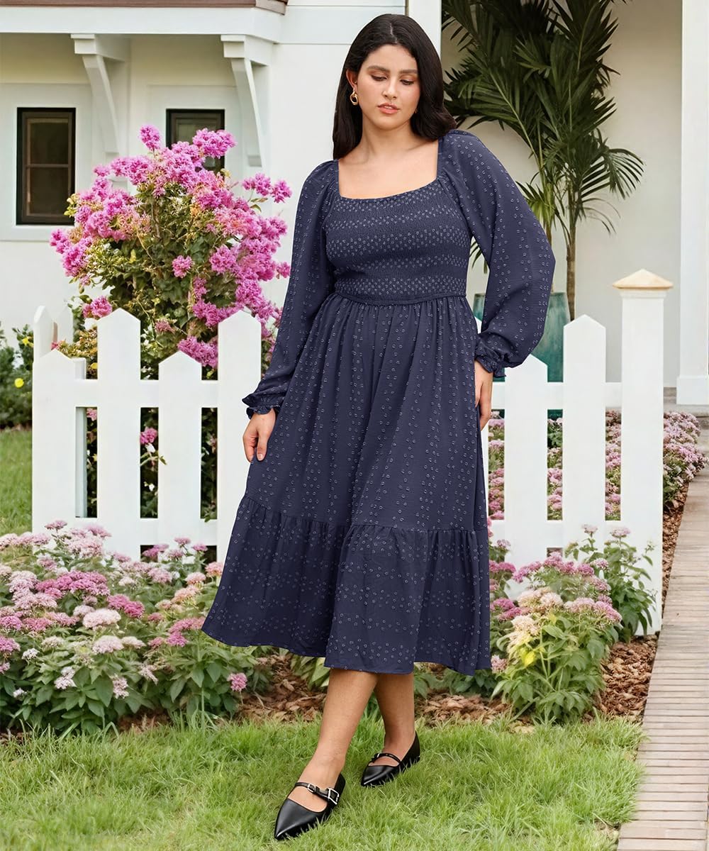 RITERA Plus Size Fall Dresses for Curvy Women Maxi Wedding Guest Long Sleeve Smocked Swiss Dot Winter Dress Pockets XL-5XL - Image 2