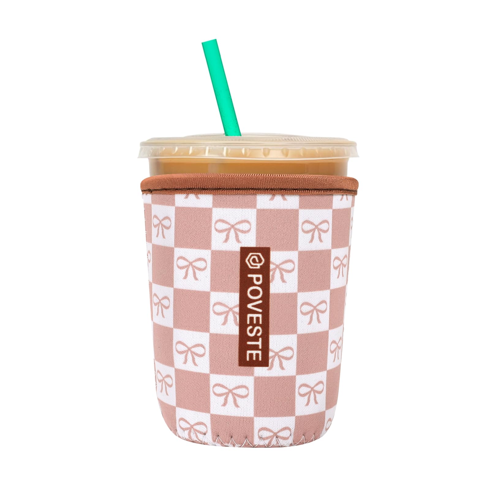 Reusable Neoprene Insulator Sleeve for Iced Coffee &amp; Cold Soda, Coffee Sleeves for Iced &amp; Hot Drinks, Cold Beverage Cooler Compatible with Starbucks, Dunkin (MochCheckerboad&amp;Bow, Small: 16-18oz)