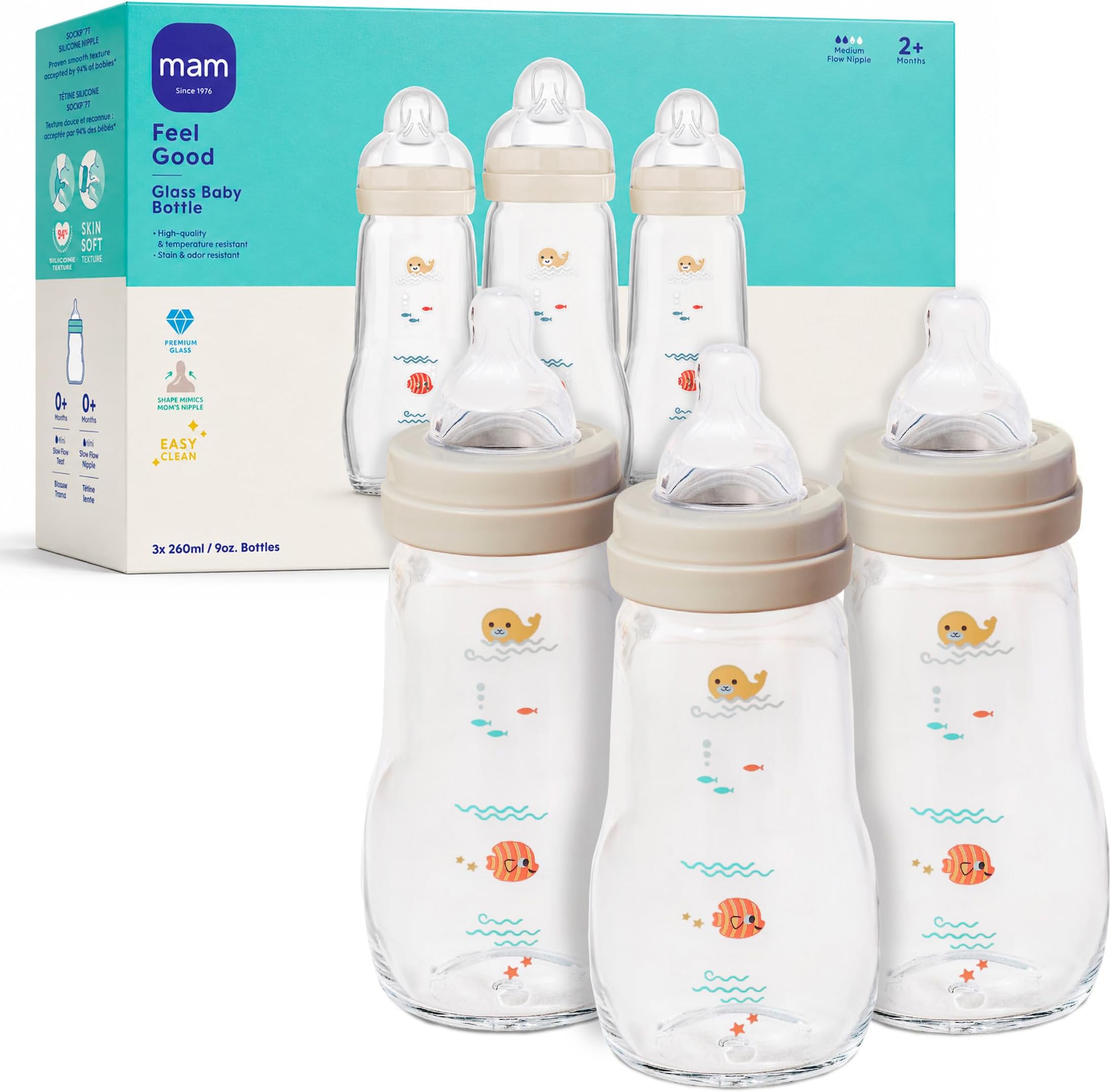 MAM 9oz Pure Glass Feel Good Anti-Colic 2+ Months Baby Bottle, 3 Pk, Unisex