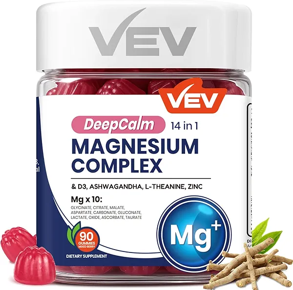 VEV Magnesium Complex DeepCalm 14-in-1 Gummies – with Ashwagandha, L-Theanine, D3 & Zinc – Cortisol Supplements for Women – 90 Sugar-Free Vegan Magnesium Glycinate Complex Gummies