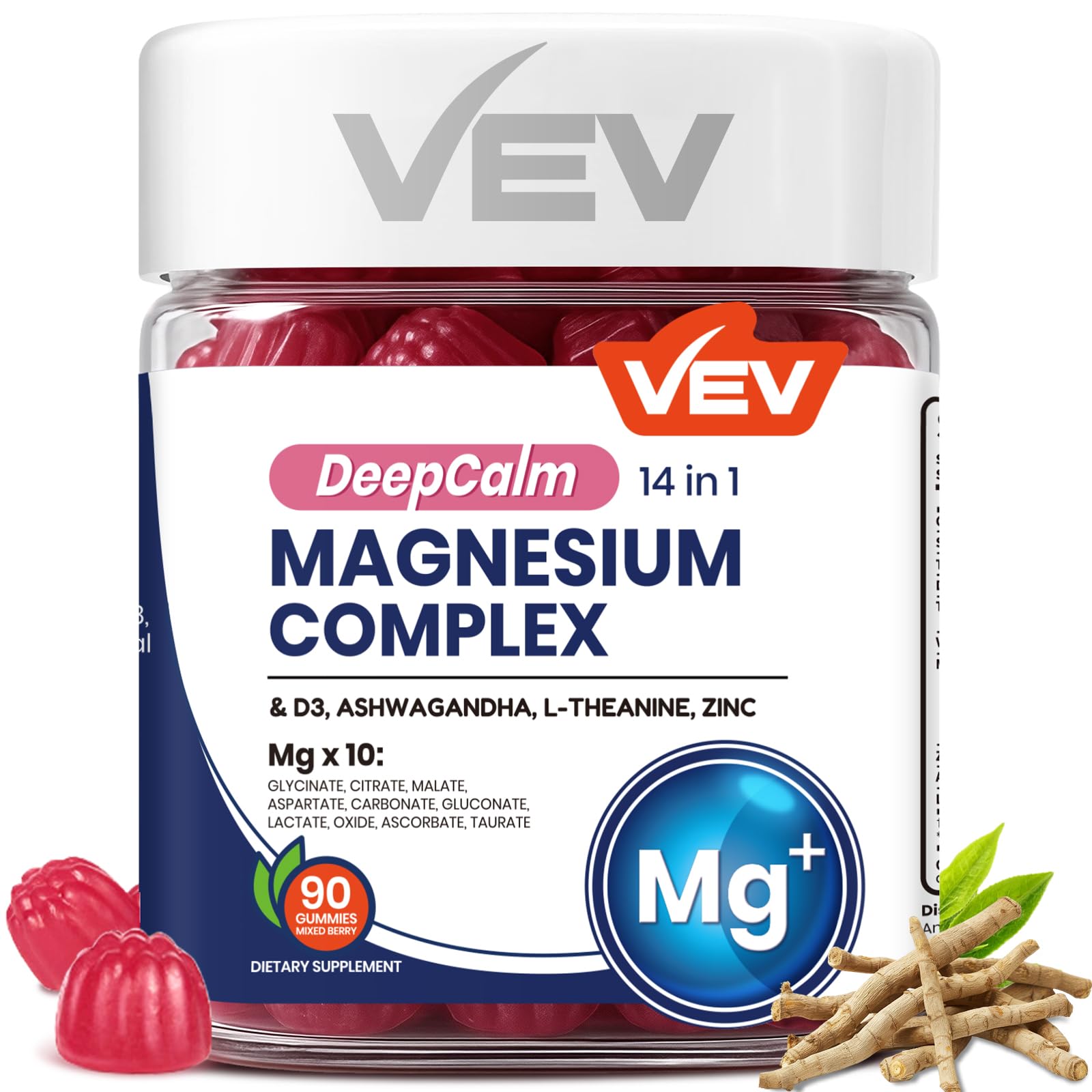 VEV Magnesium Complex DeepCalm 14-in-1 Gummies – with Ashwagandha, L-Theanine, D3 & Zinc – Cortisol Supplements for Women – 90 Sugar-Free Vegan Magnesium Glycinate Complex Gummies