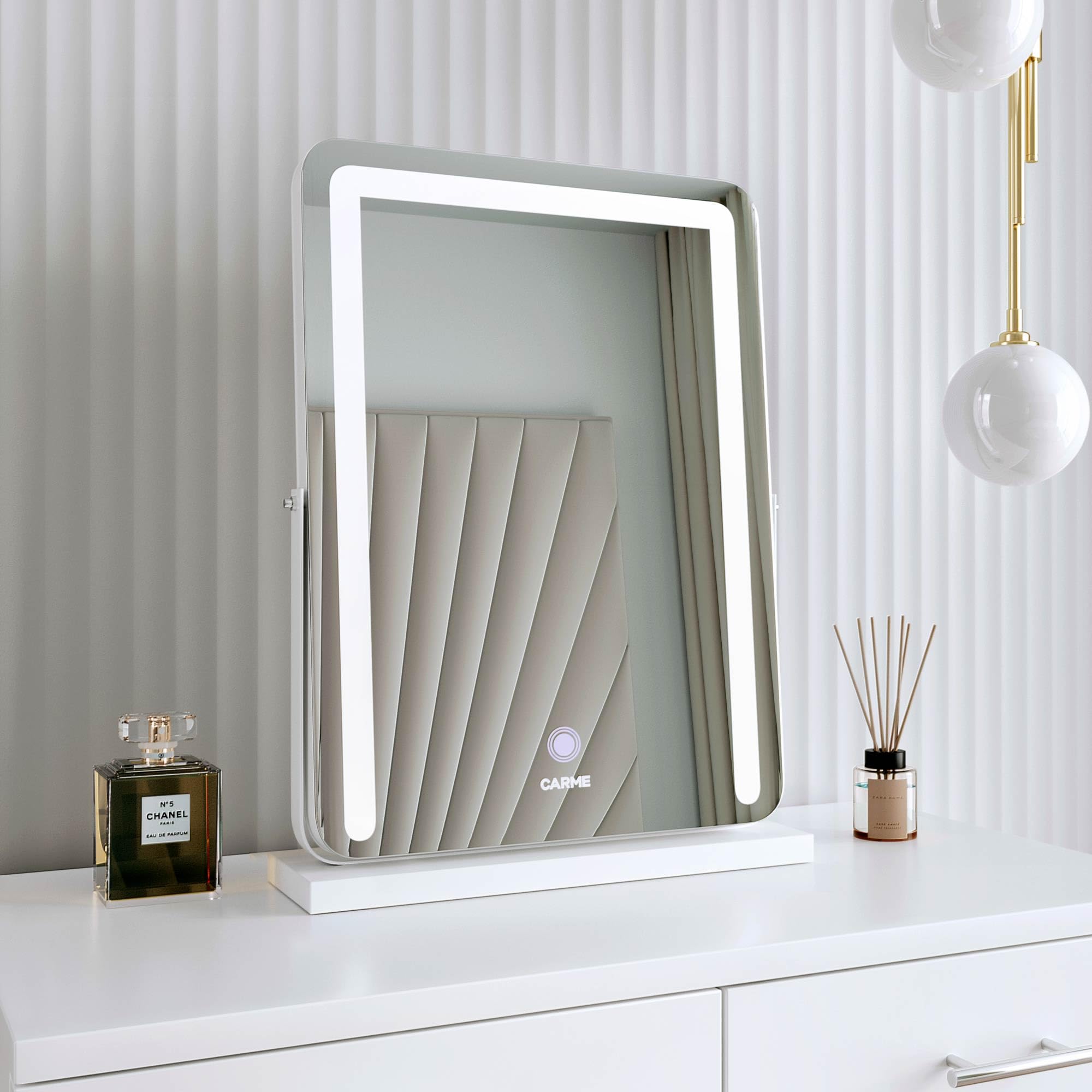 Fabs White Desktop Vanity Illuminated Makeup Mirror With Touch Led Lights Sensor Dimmable Brightness Lighted Frameless Mirror (Mia)