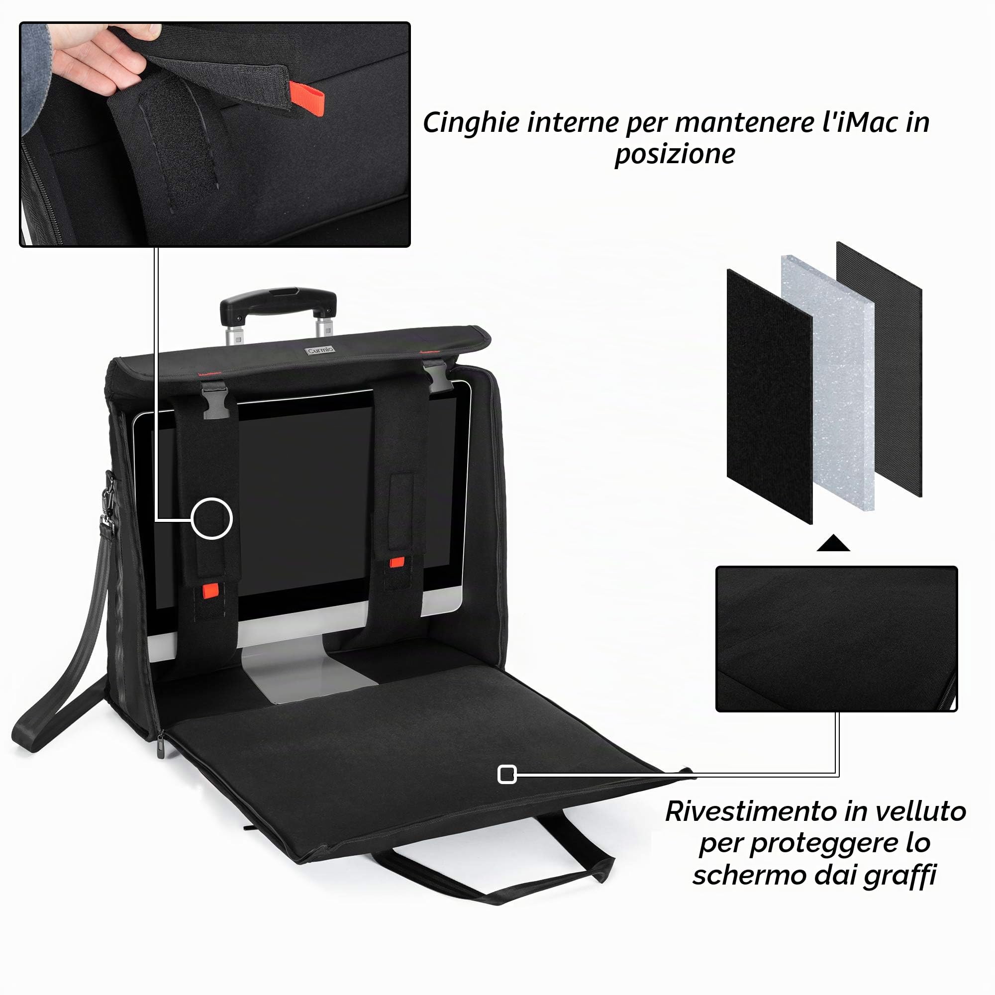 CURMIO Borsa da trasporto con ruote compatibile con computer desktop iMac 27 pollici Apple, custodia rimovibile per trolley compatibile con monitor iMac 27 pollici e accessori, Nero | Borsa Trolley da Viaggio per Monitor 27 Pollici, Imbottitura Spessa, Ta