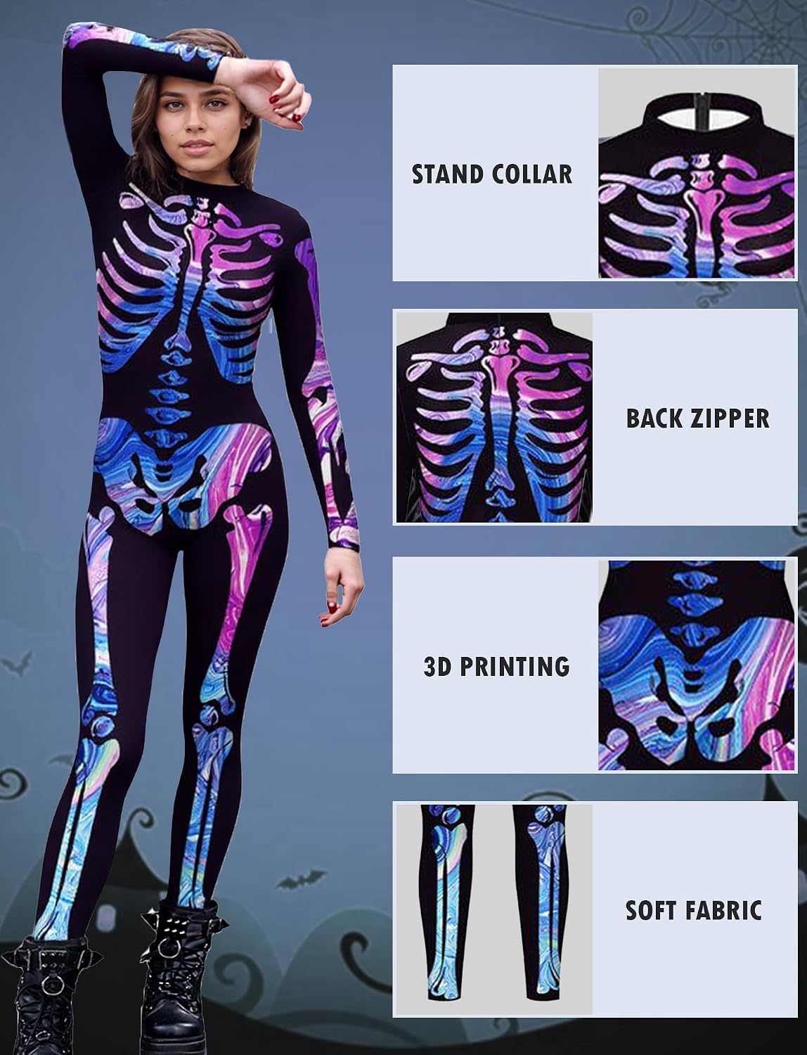 FEOYA Women Skeleton Costume Jumpsuit Halloween Full Bodysuit Cosplay Robot Jumpsuit 3D Printed
