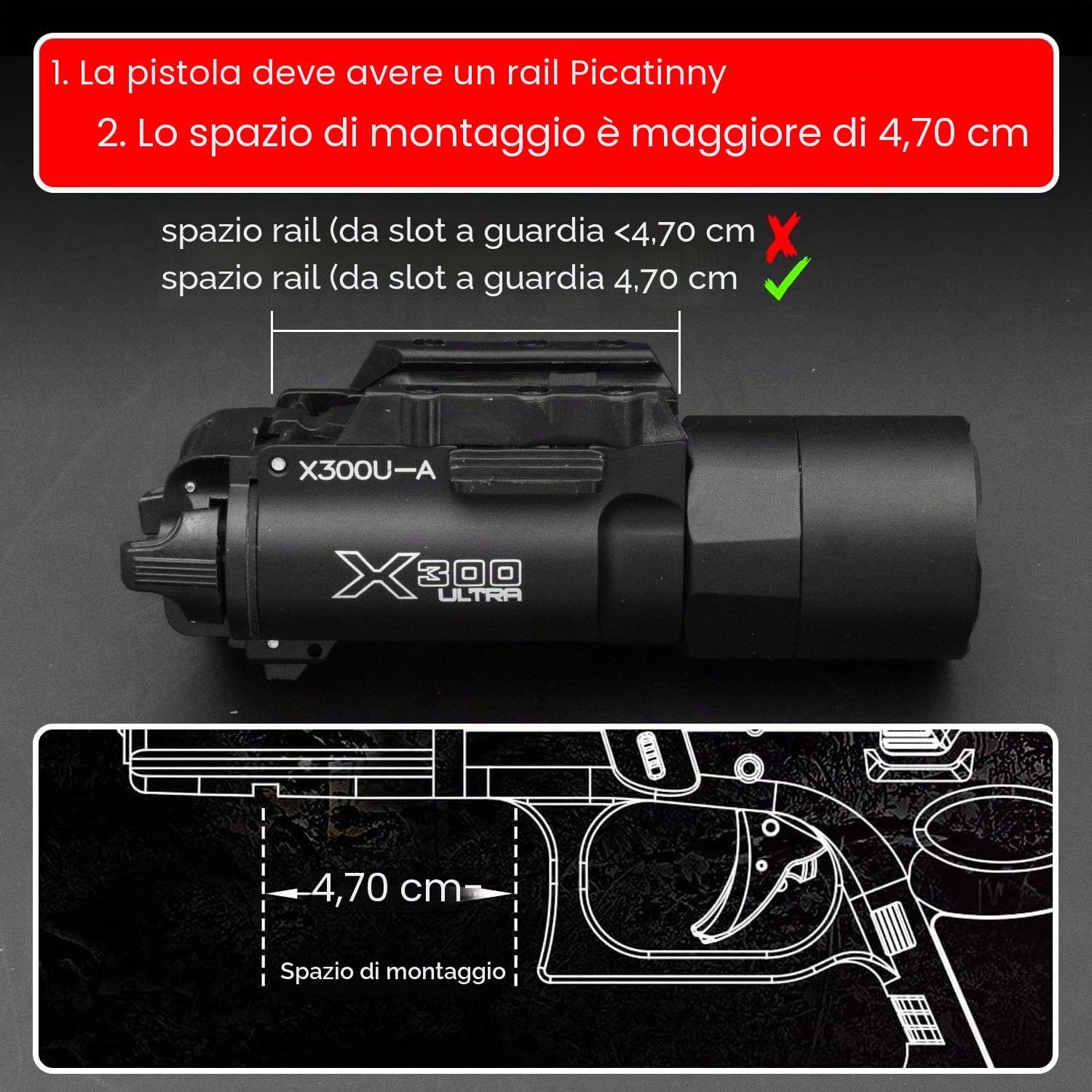 Zhongren X300 - Torcia tattica per softair, 800 lumen, 2 modalità, luce costante/momentanea, colore: Nero