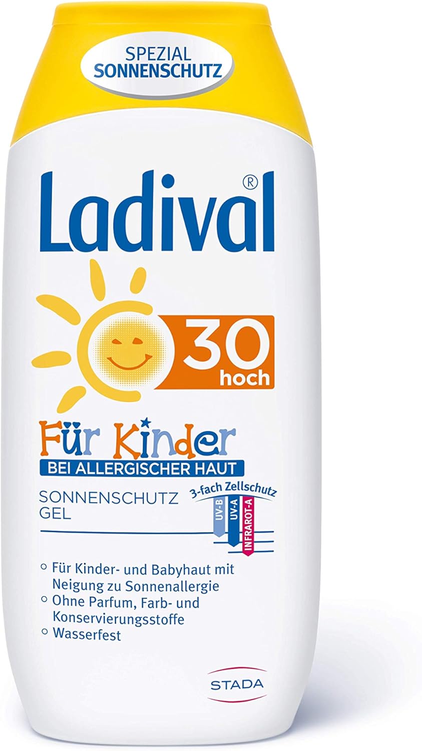 Kids Zonnebrandcrème voor allergische huid, beschermingsgel, SPF 30, geschikt voor zonneallergie, parfumvrije zonnecrème, zonder kleur- en conserveringsmiddelen, waterbestendig, 1 x 200 ml