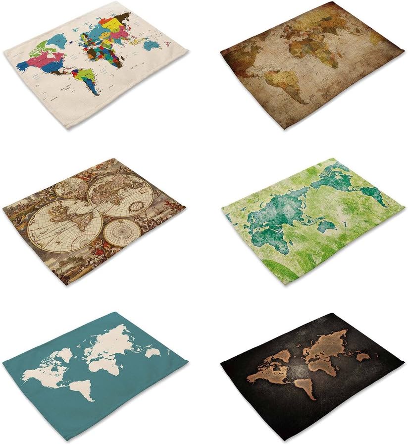 HACASO Set of 6 Vintage Style The World Map Pattern Dining Table Mats Cotton Linen Placemats(1)